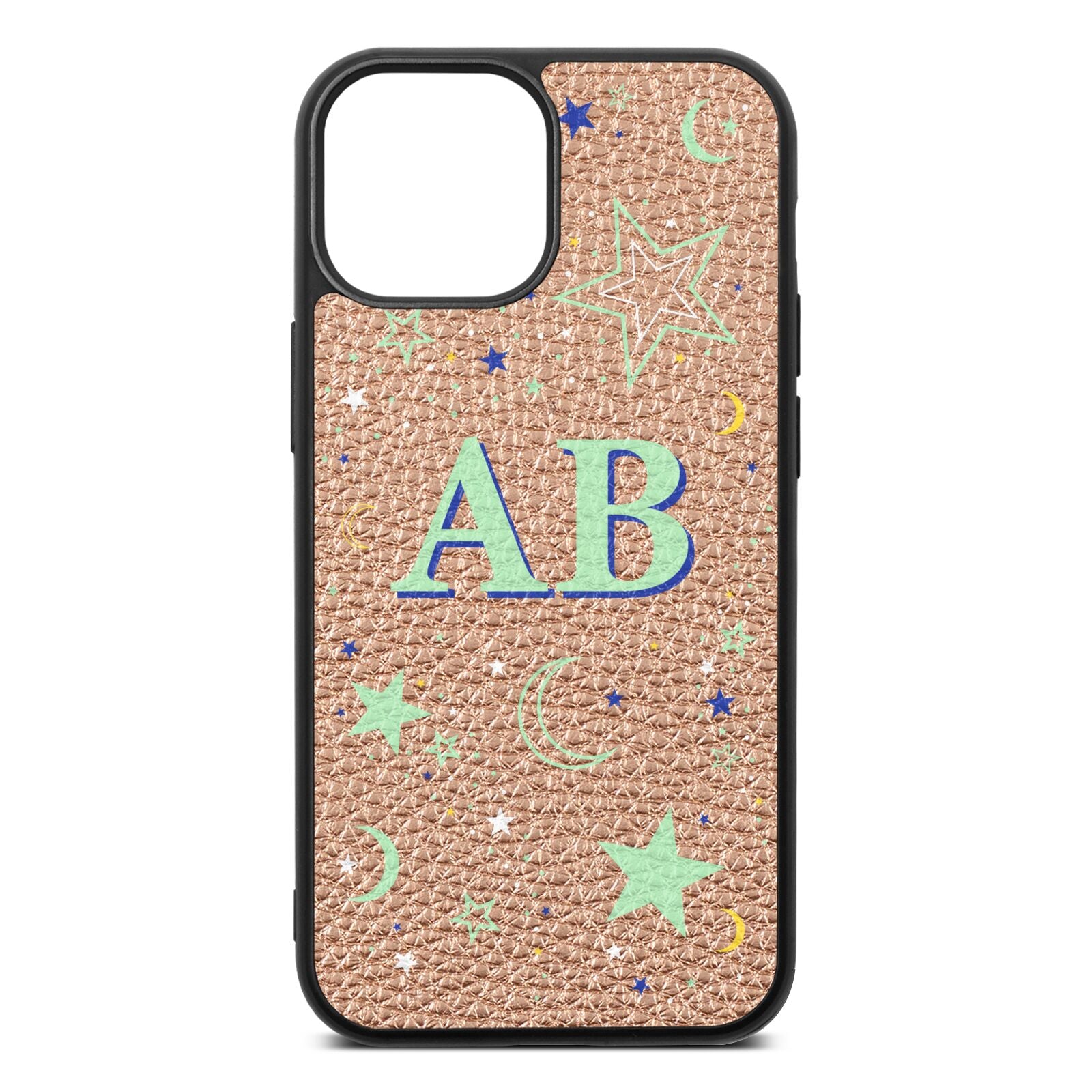 Stars and Moon Personalised Rose Gold Pebble Leather iPhone 13 Mini Case