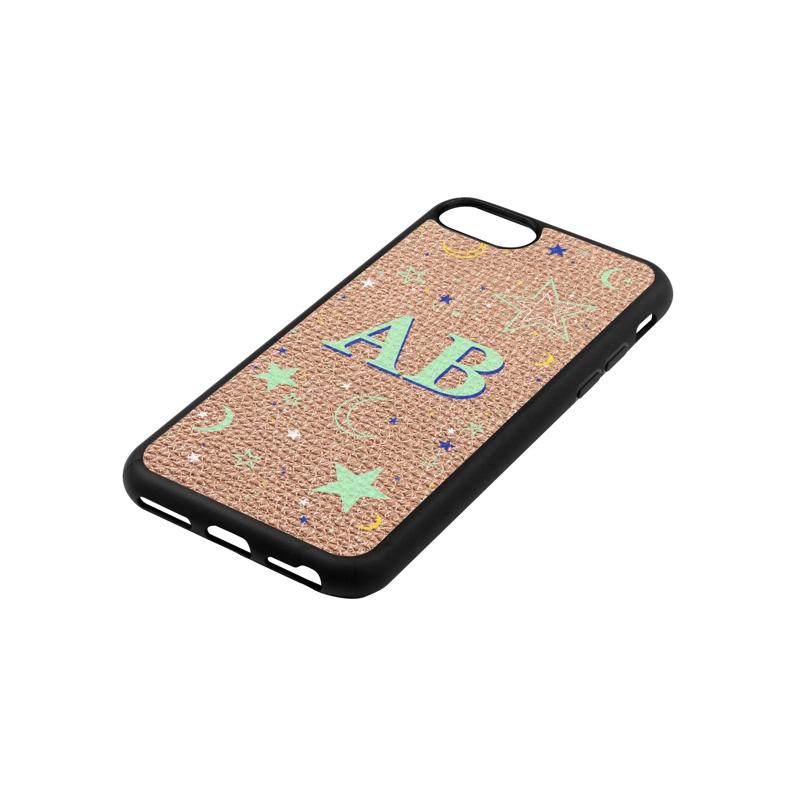 Stars and Moon Personalised Rose Gold Pebble Leather iPhone 8 Case Side Angle