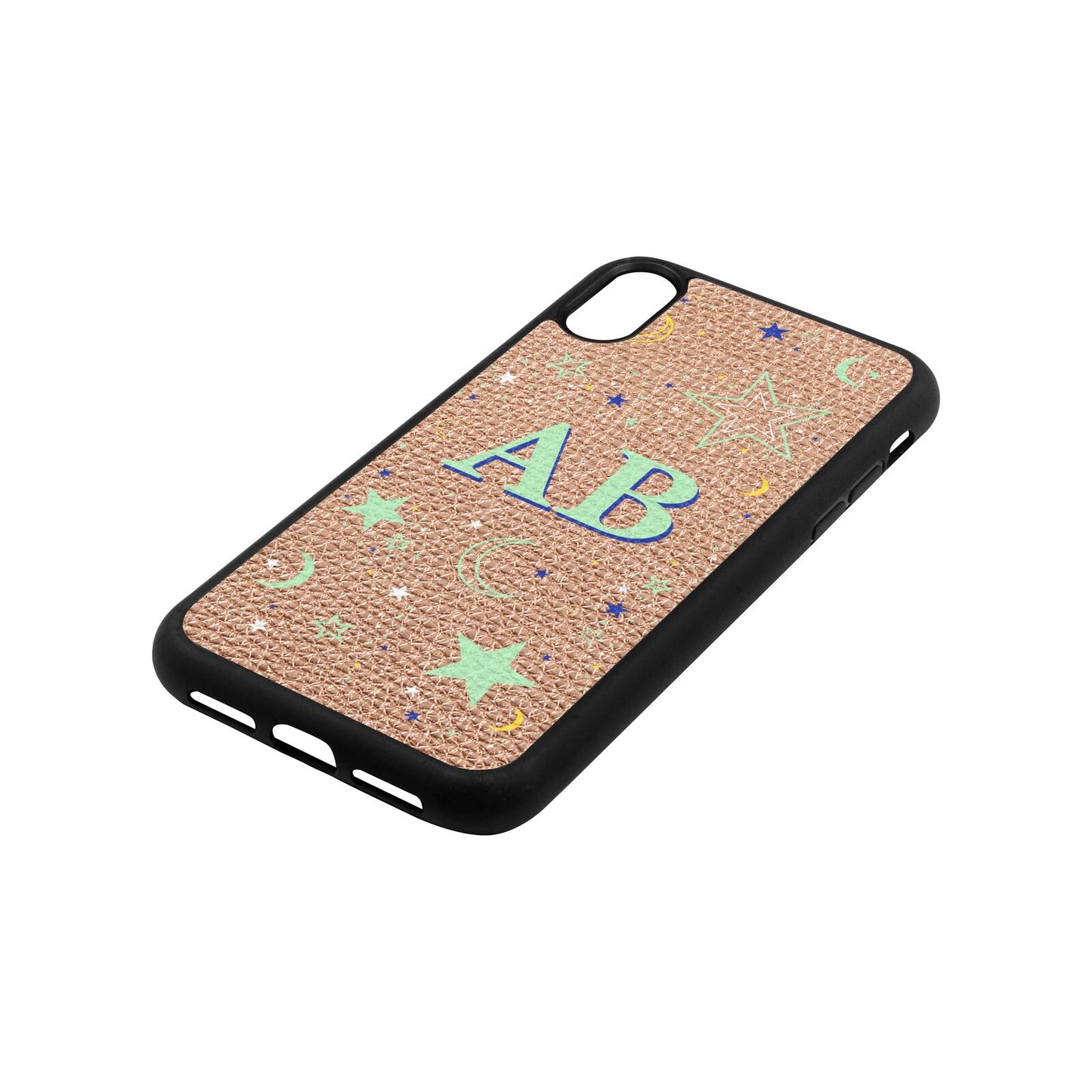 Stars and Moon Personalised Rose Gold Pebble Leather iPhone Xr Case Side Angle