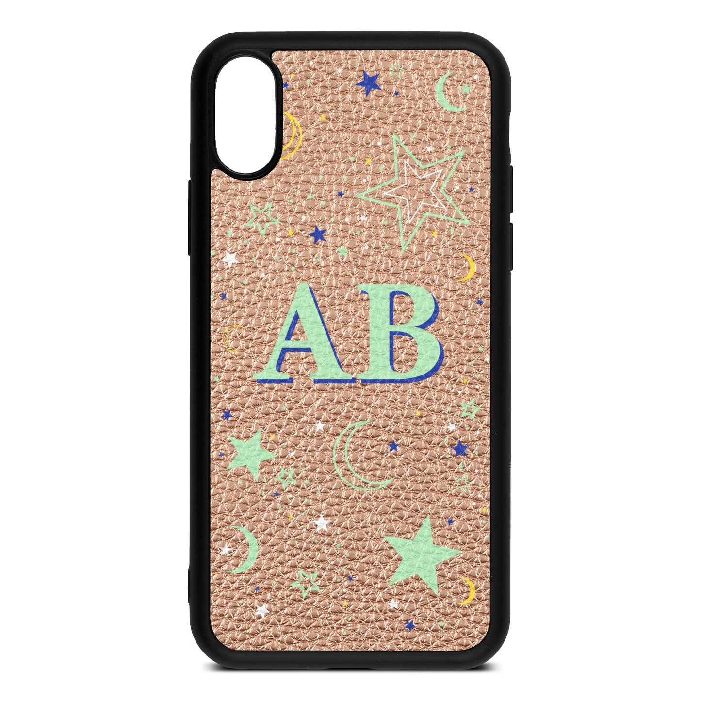 Stars and Moon Personalised Rose Gold Pebble Leather iPhone Xs Case