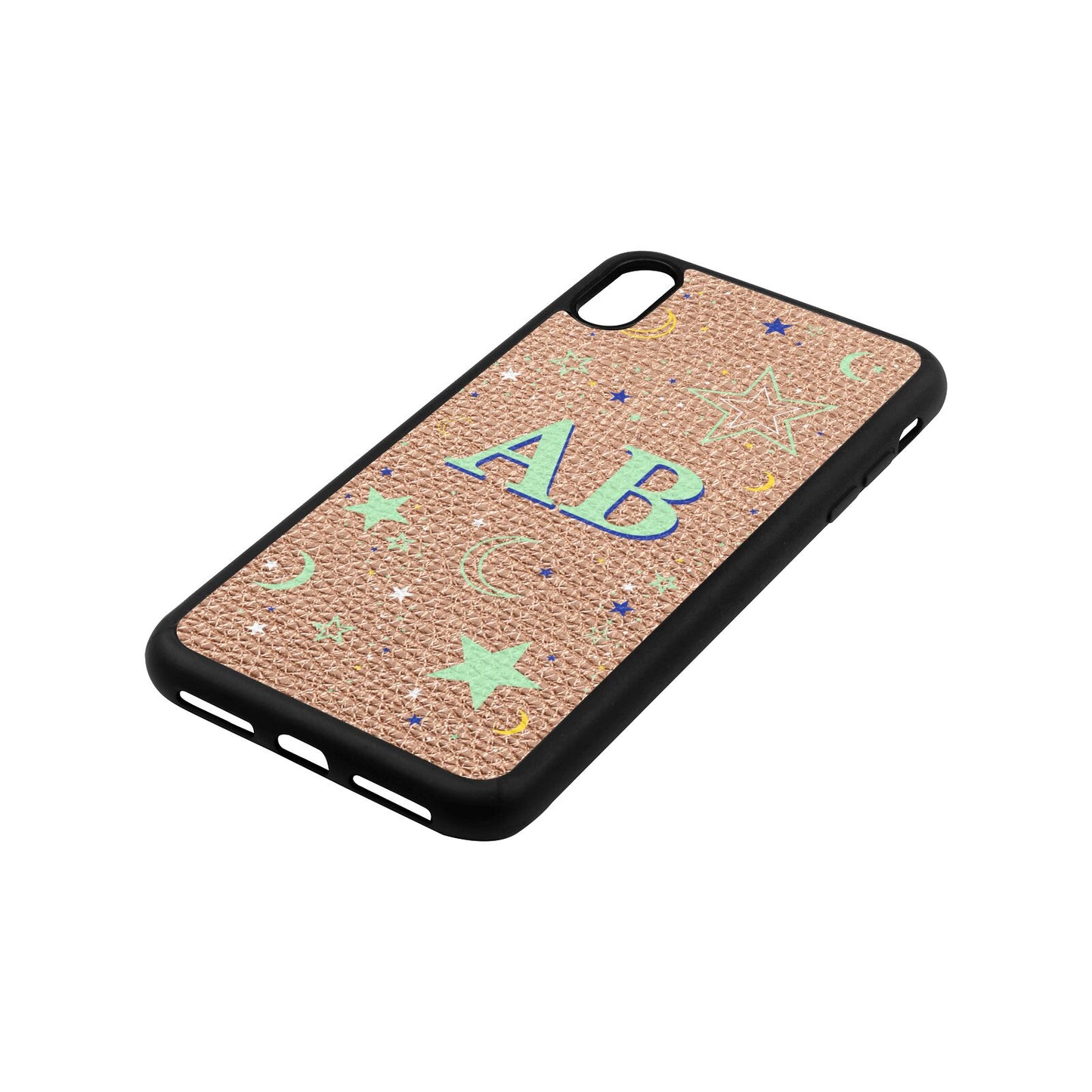 Stars and Moon Personalised Rose Gold Pebble Leather iPhone Xs Max Case Side Angle