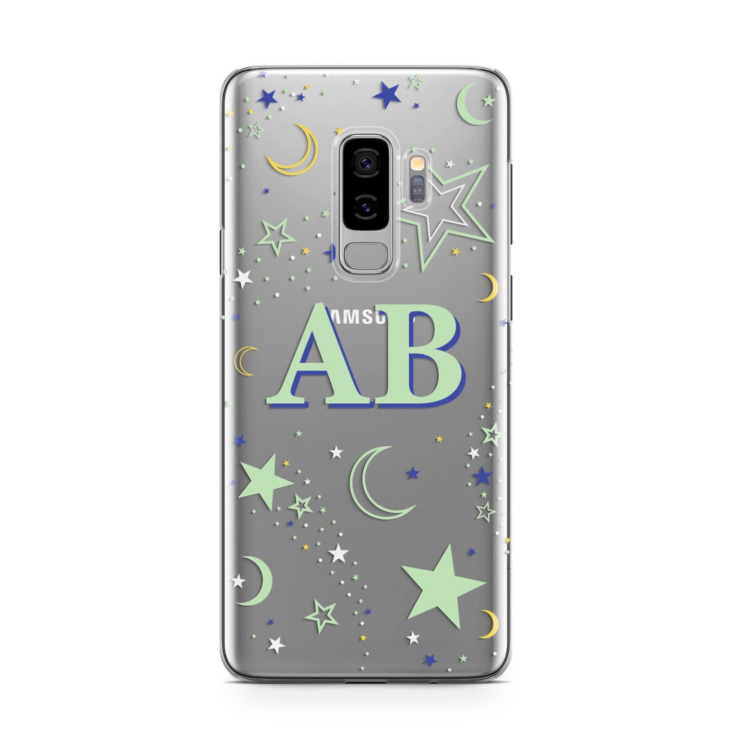 Stars and Moon Personalised Samsung Galaxy S9 Plus Case on Silver phone
