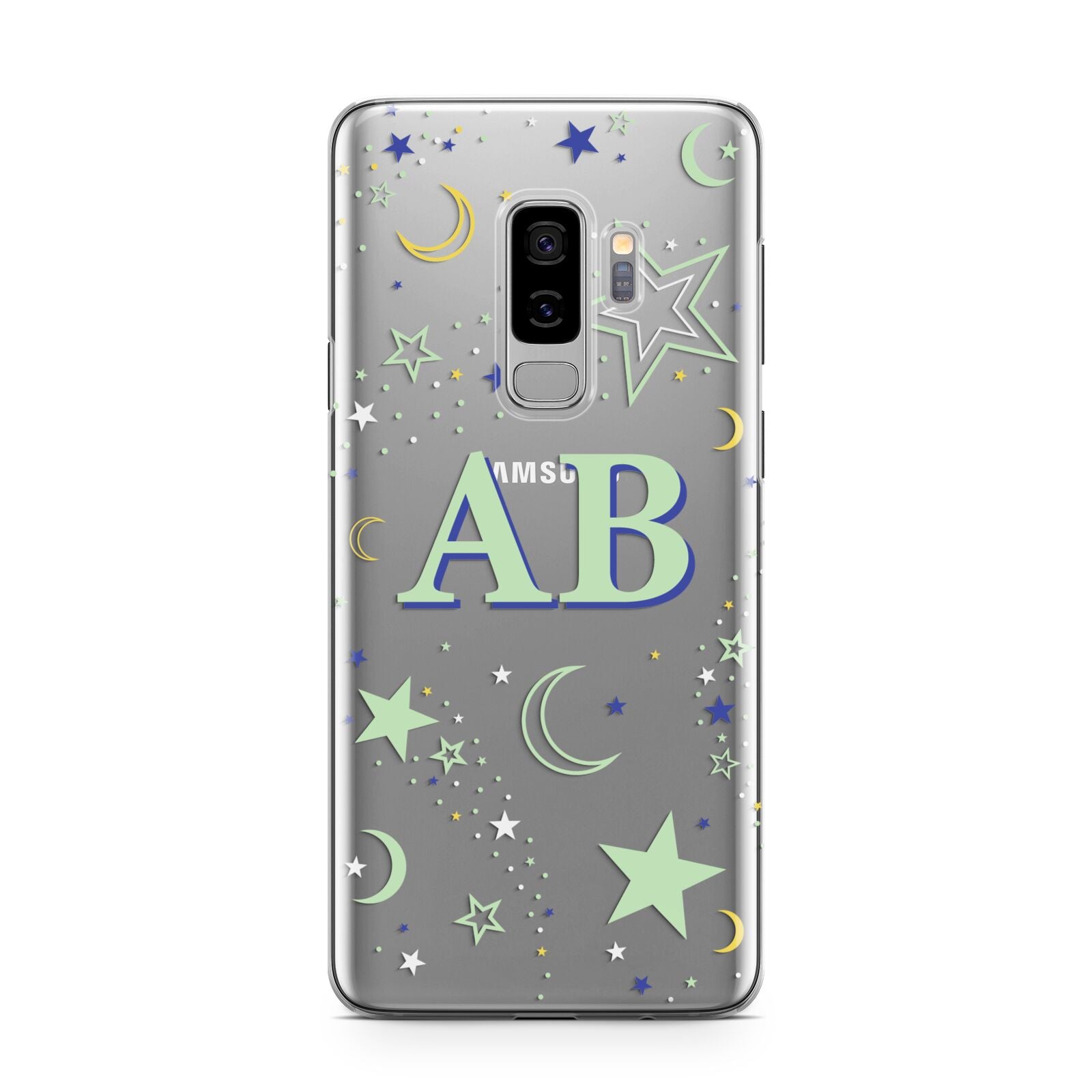 Stars and Moon Personalised Samsung Galaxy S9 Plus Case on Silver phone