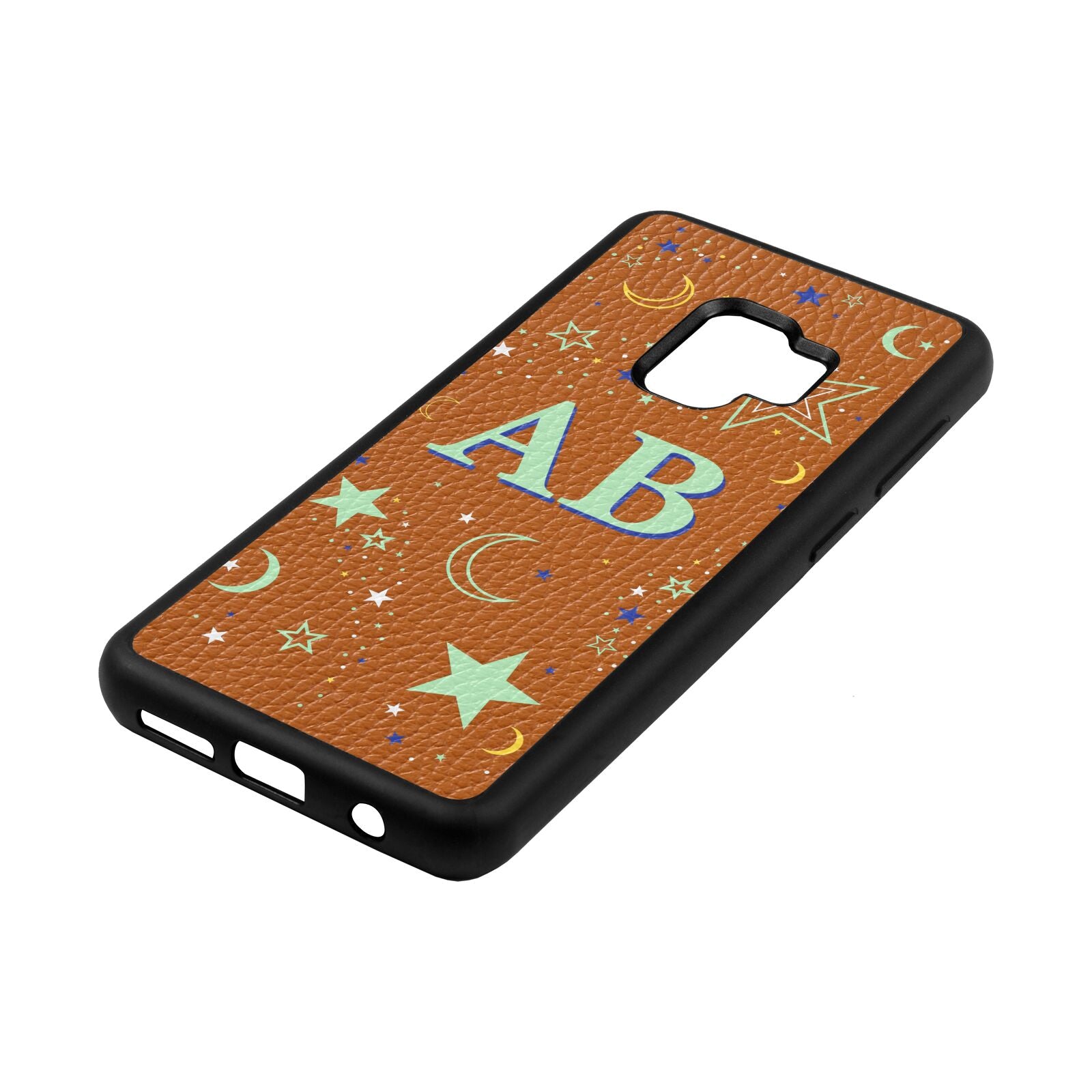 Stars and Moon Personalised Tan Pebble Leather Samsung S9 Case Side Angle