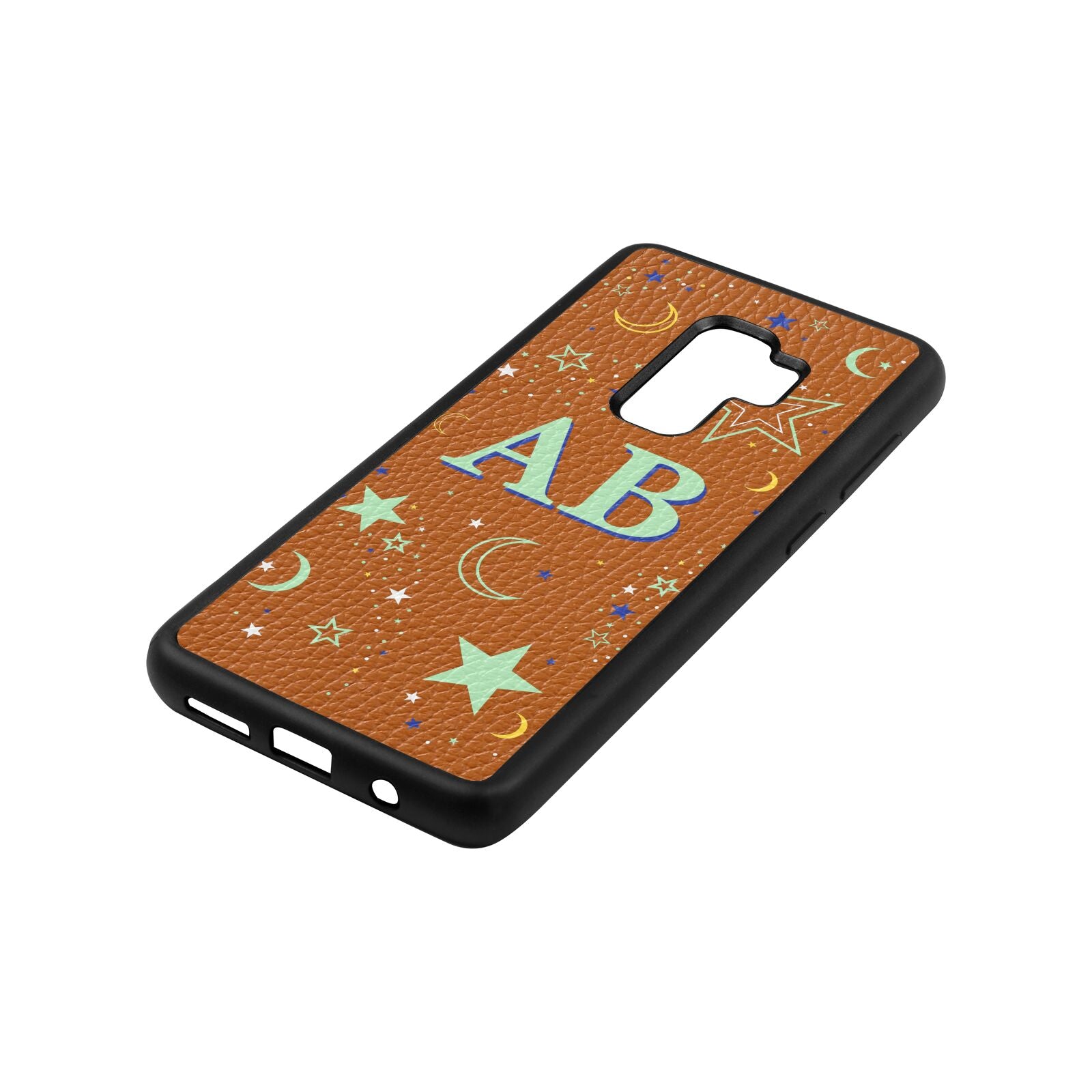 Stars and Moon Personalised Tan Pebble Leather Samsung S9 Plus Case Side Angle