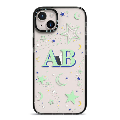 Stars and Moon Personalised iPhone 14 Plus Black Impact Case on Silver phone