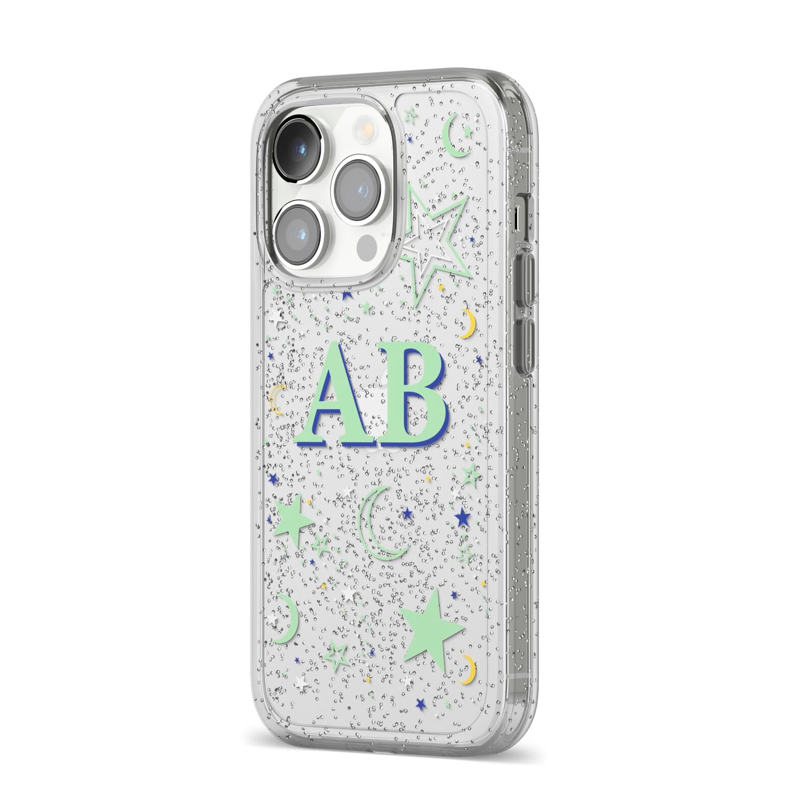 Stars and Moon Personalised iPhone 14 Pro Glitter Tough Case Silver Angled Image