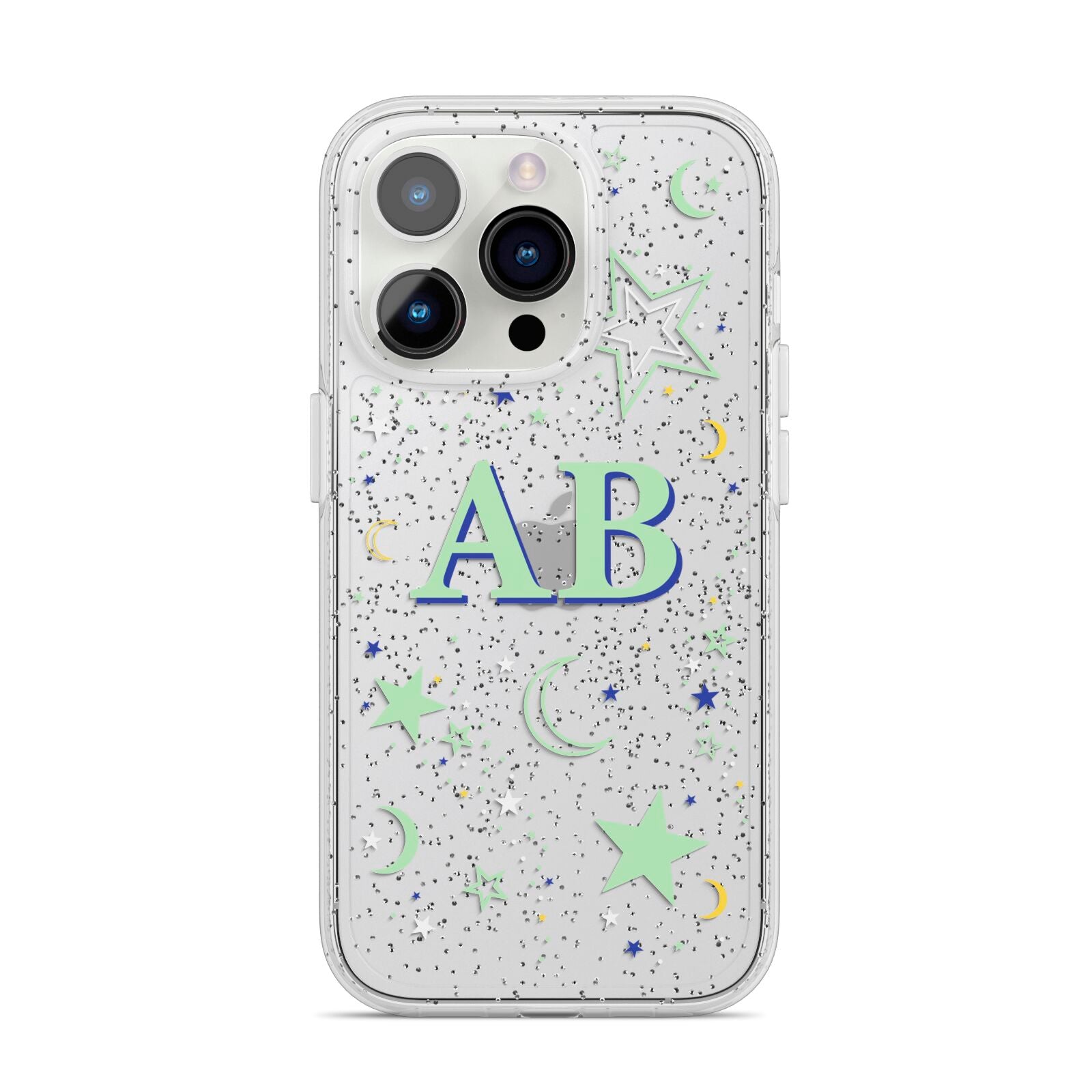 Stars and Moon Personalised iPhone 14 Pro Glitter Tough Case Silver
