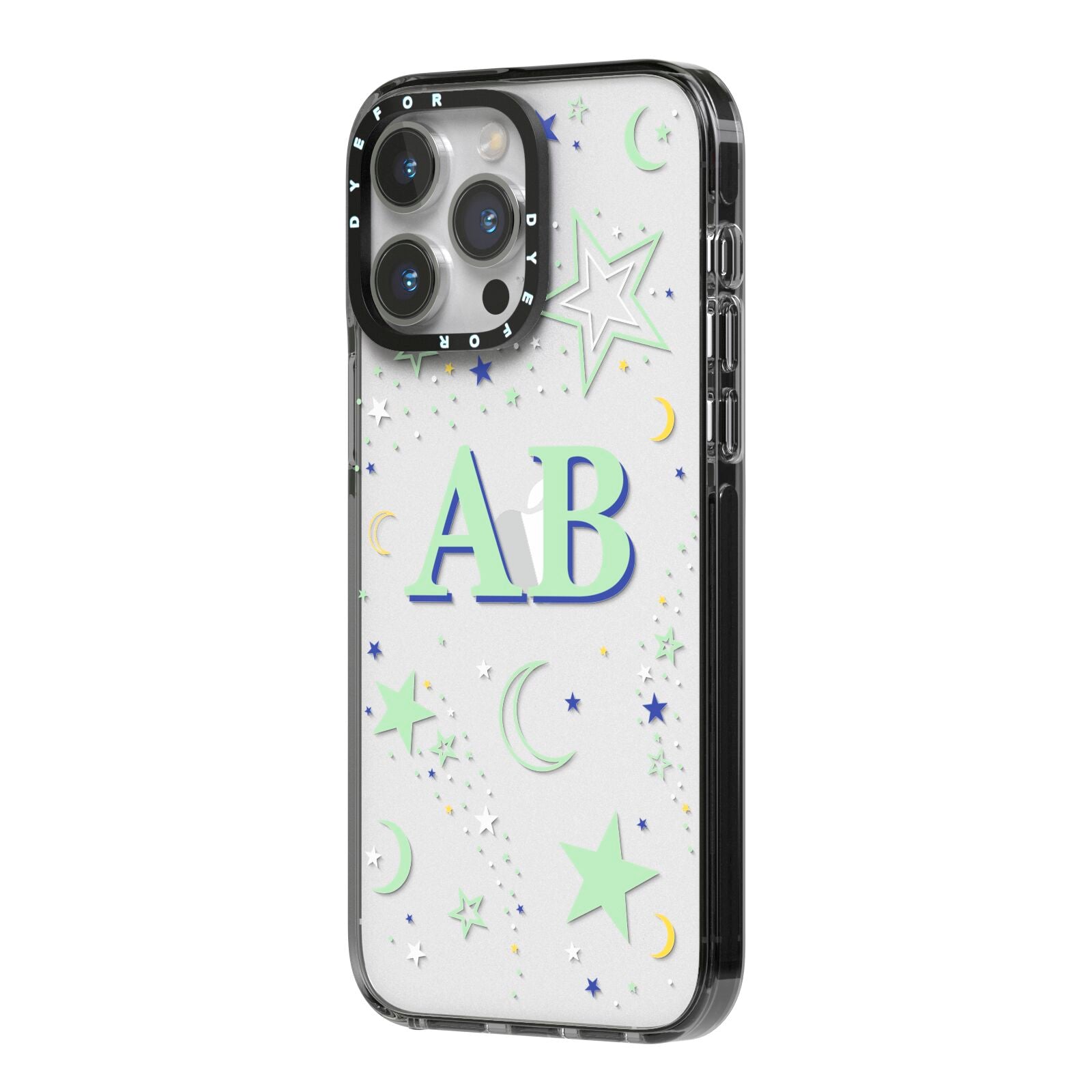 Stars and Moon Personalised iPhone 14 Pro Max Black Impact Case Side Angle on Silver phone