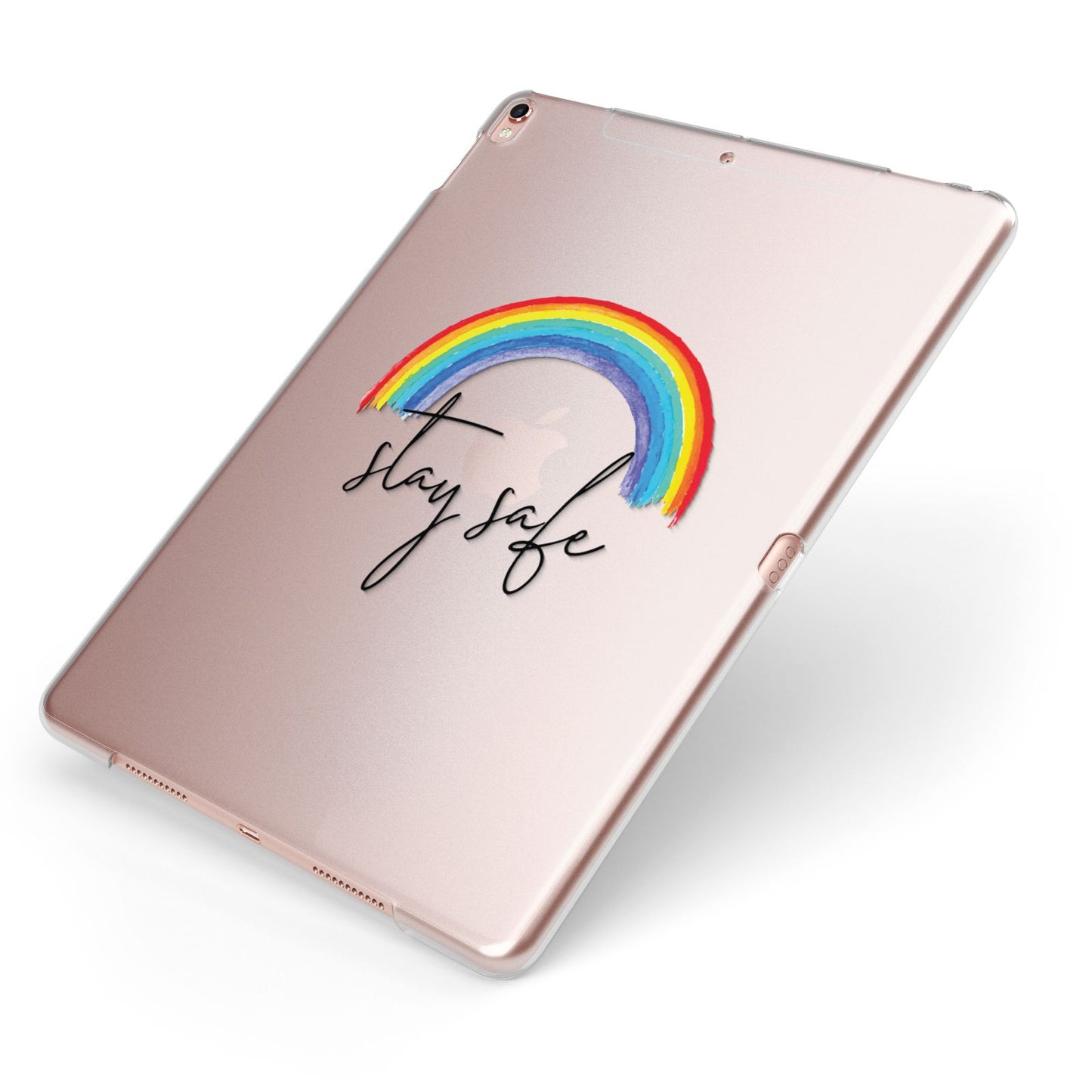 Stay Safe Rainbow Apple iPad Case on Rose Gold iPad Side View