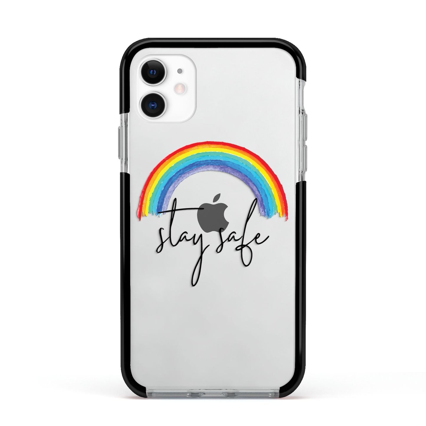 Stay Safe Rainbow Apple iPhone 11 in White with Black Impact Case