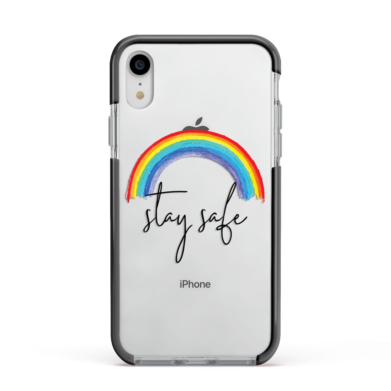 Stay Safe Rainbow Apple iPhone XR Impact Case Black Edge on Silver Phone