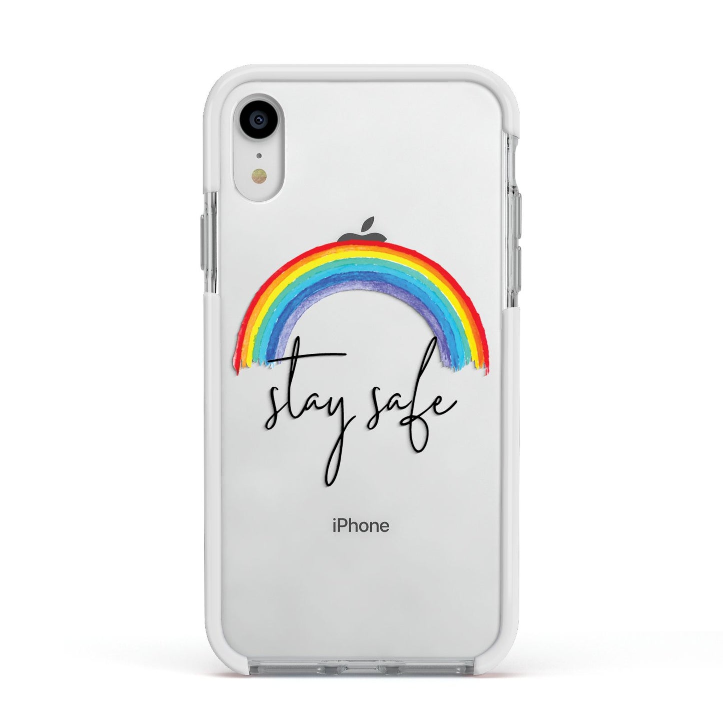Stay Safe Rainbow Apple iPhone XR Impact Case White Edge on Silver Phone