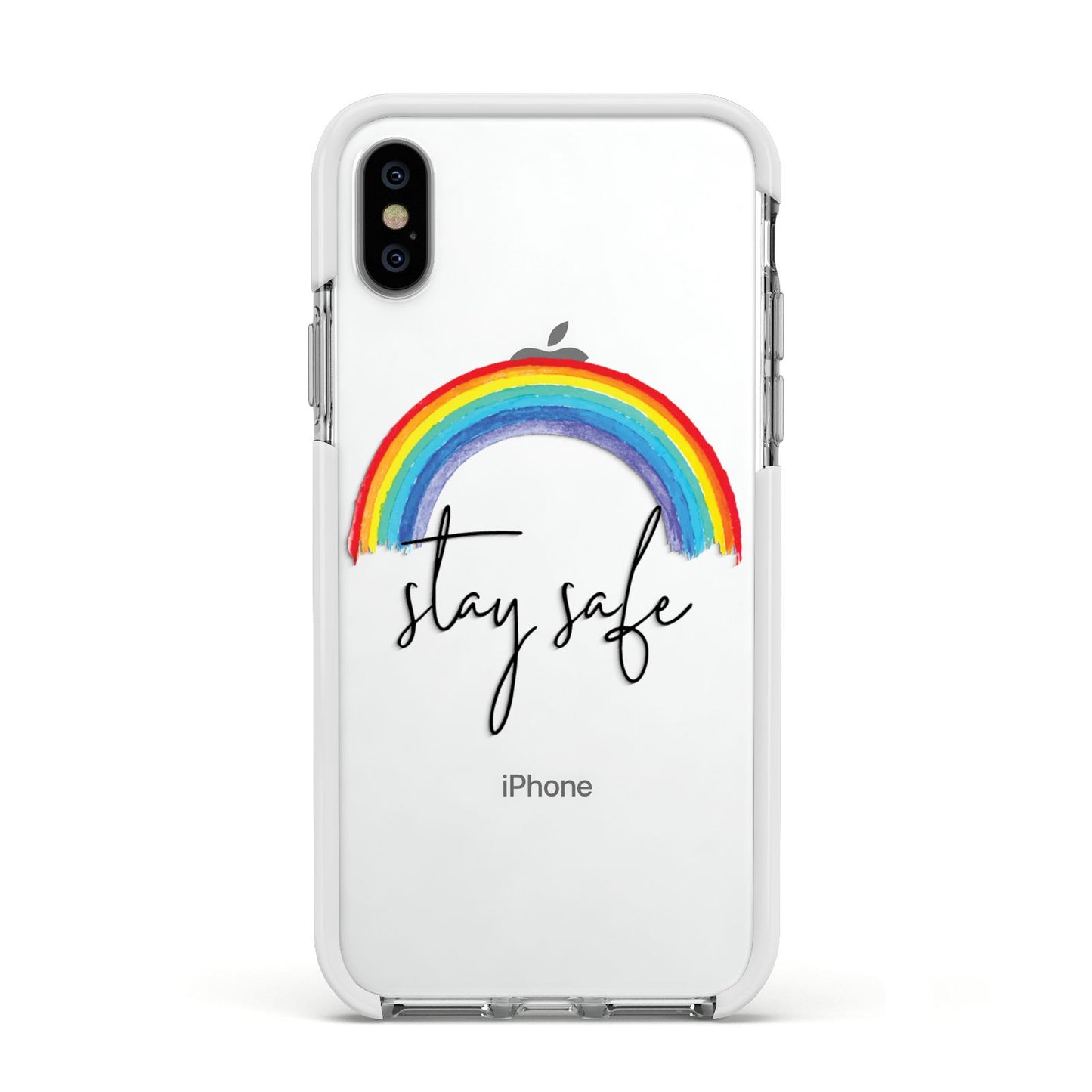 Stay Safe Rainbow Apple iPhone Xs Impact Case White Edge on Silver Phone