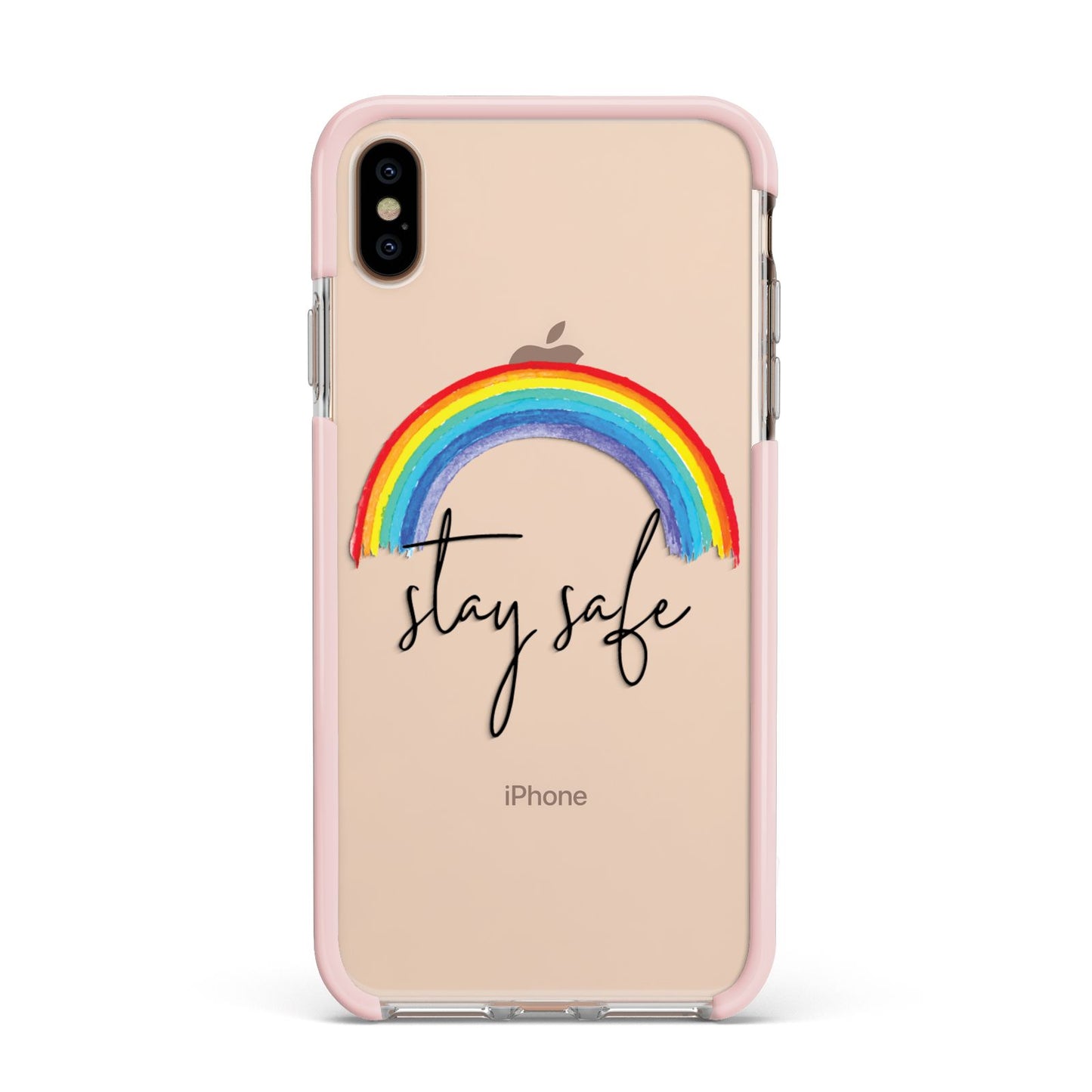Stay Safe Rainbow Apple iPhone Xs Max Impact Case Pink Edge on Gold Phone
