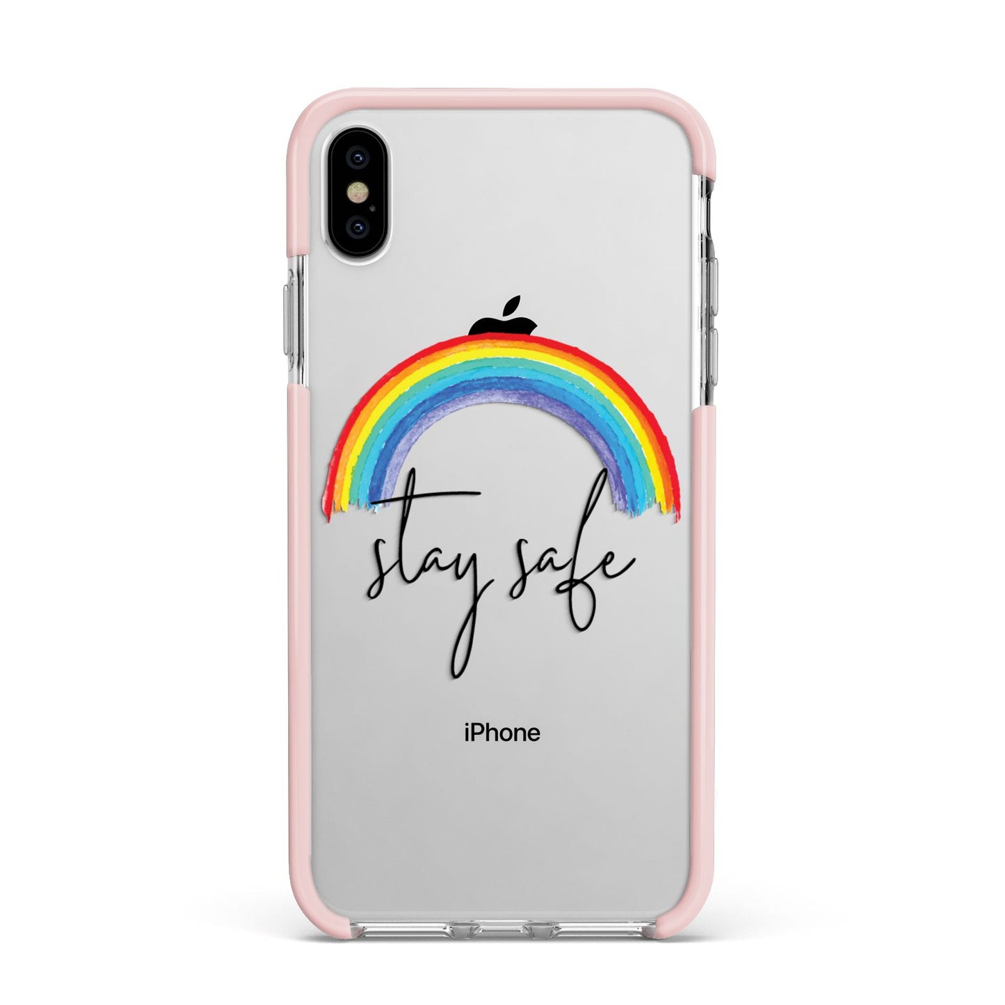 Stay Safe Rainbow Apple iPhone Xs Max Impact Case Pink Edge on Silver Phone