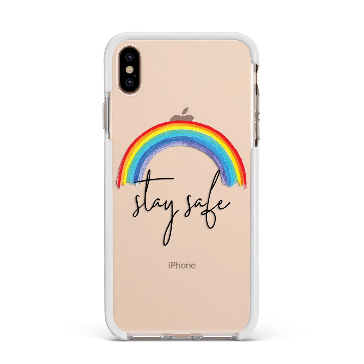 Stay Safe Rainbow Apple iPhone Xs Max Impact Case White Edge on Gold Phone