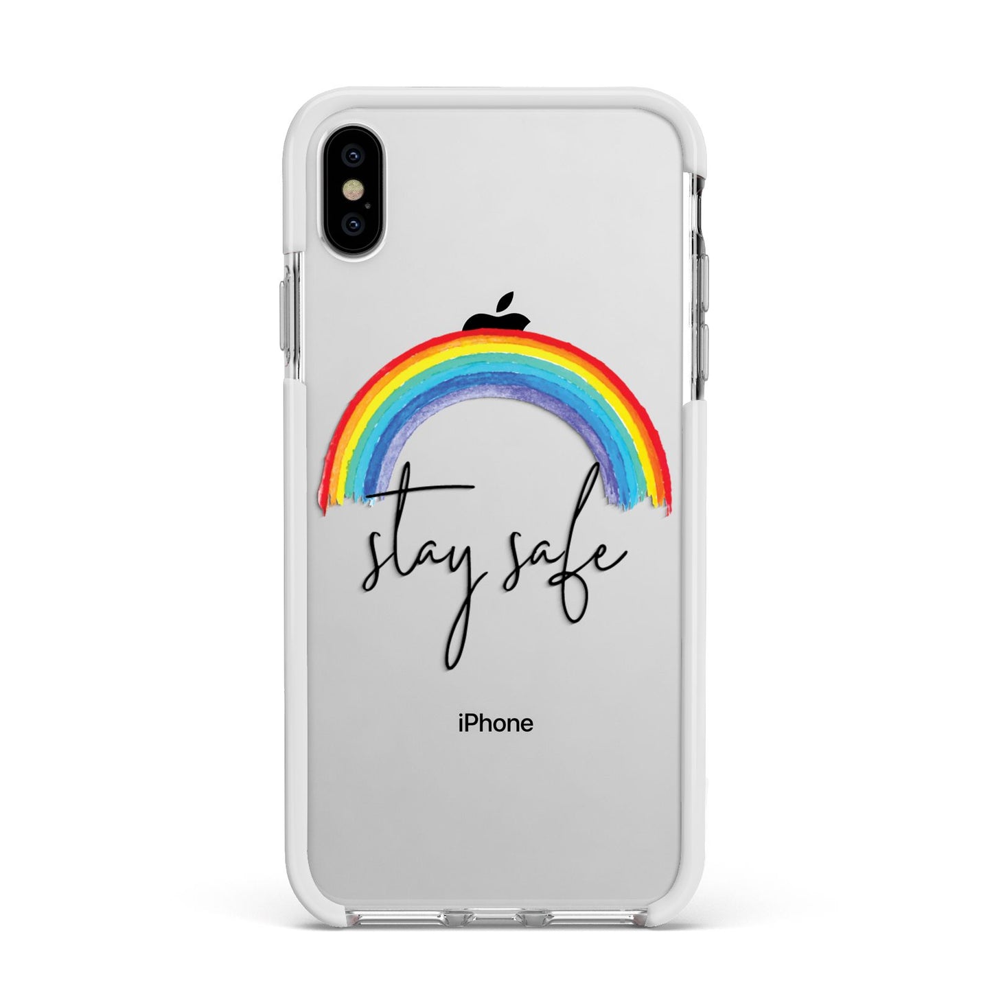 Stay Safe Rainbow Apple iPhone Xs Max Impact Case White Edge on Silver Phone