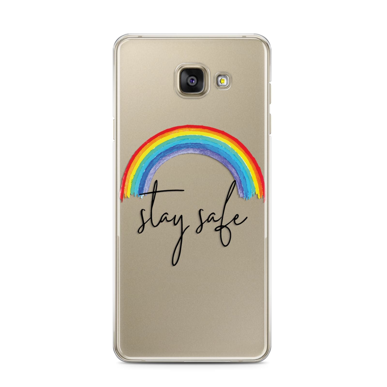 Stay Safe Rainbow Samsung Galaxy A3 2016 Case on gold phone
