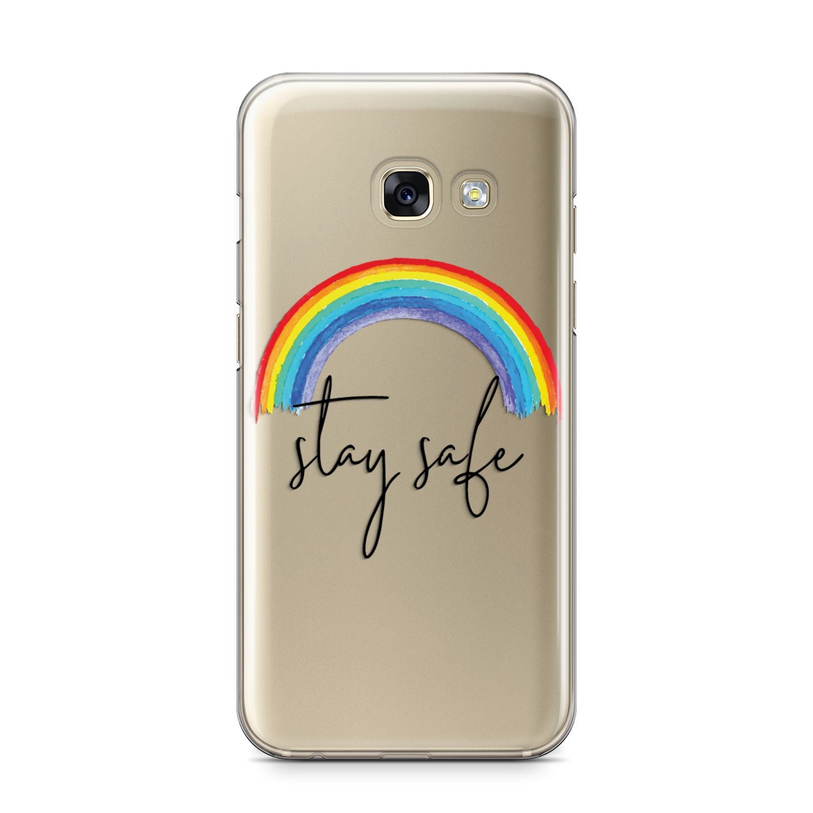 Stay Safe Rainbow Samsung Galaxy A3 2017 Case on gold phone