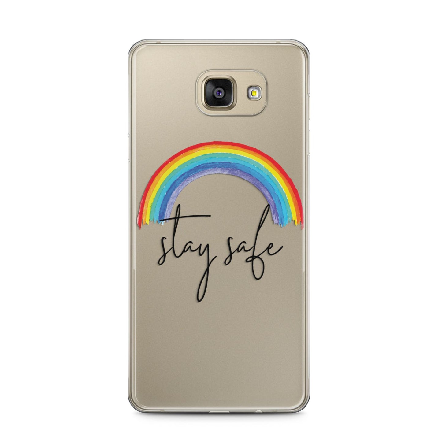 Stay Safe Rainbow Samsung Galaxy A5 2016 Case on gold phone