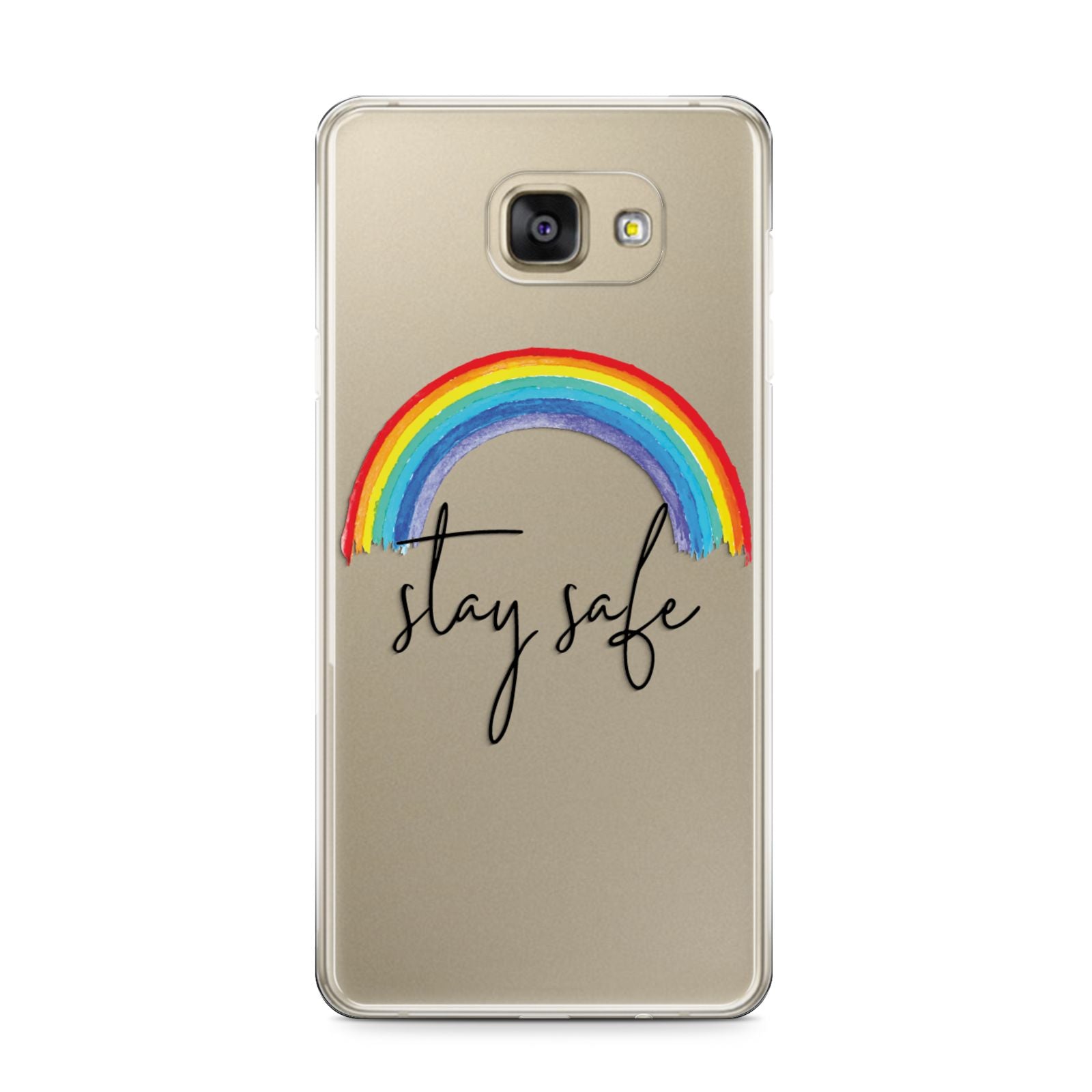 Stay Safe Rainbow Samsung Galaxy A9 2016 Case on gold phone
