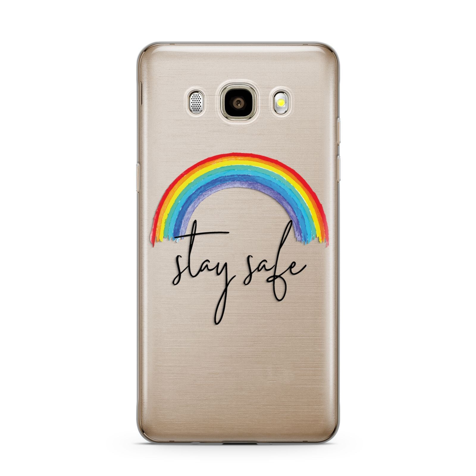 Stay Safe Rainbow Samsung Galaxy J7 2016 Case on gold phone