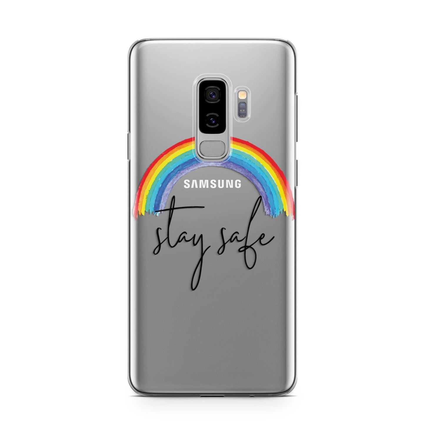 Stay Safe Rainbow Samsung Galaxy S9 Plus Case on Silver phone