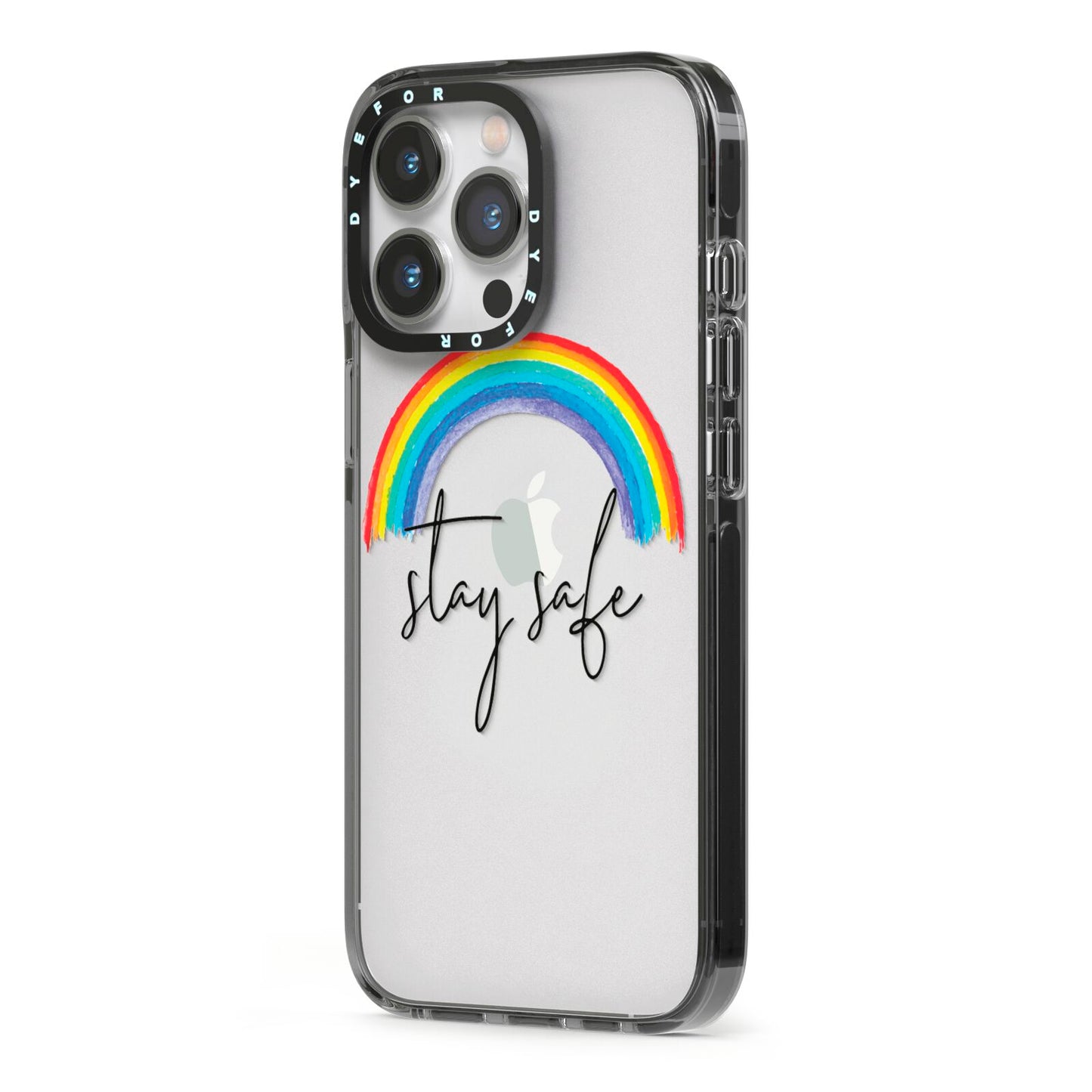Stay Safe Rainbow iPhone 13 Pro Black Impact Case Side Angle on Silver phone