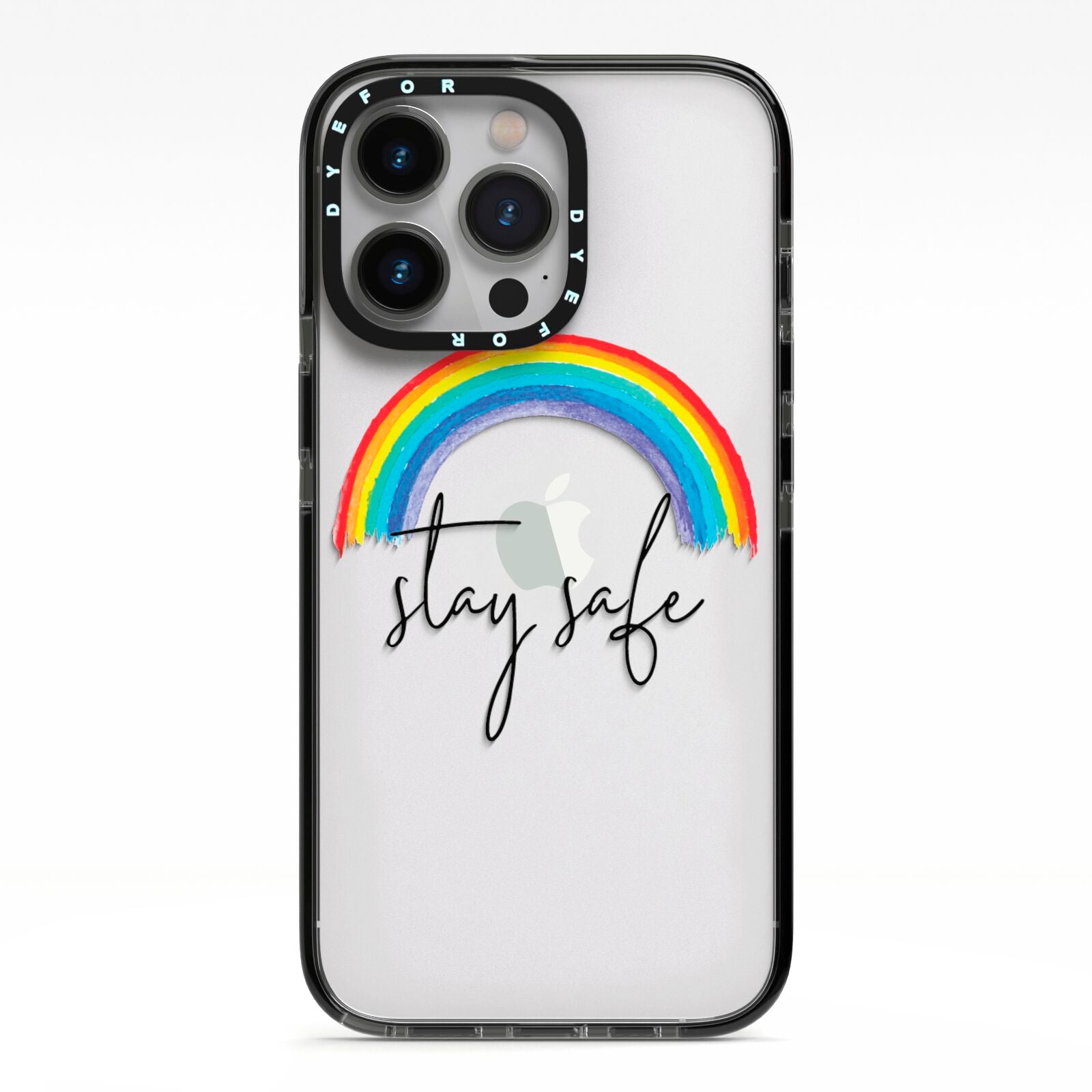Stay Safe Rainbow iPhone 13 Pro Black Impact Case on Silver phone