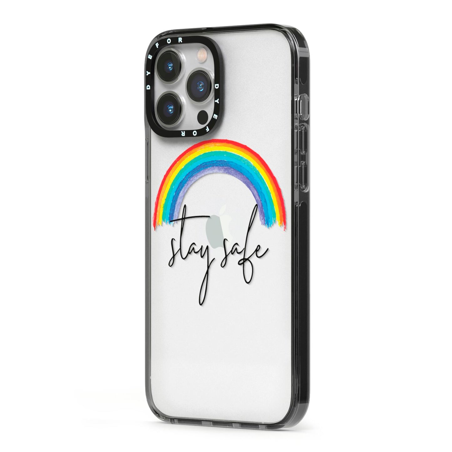 Stay Safe Rainbow iPhone 13 Pro Max Black Impact Case Side Angle on Silver phone