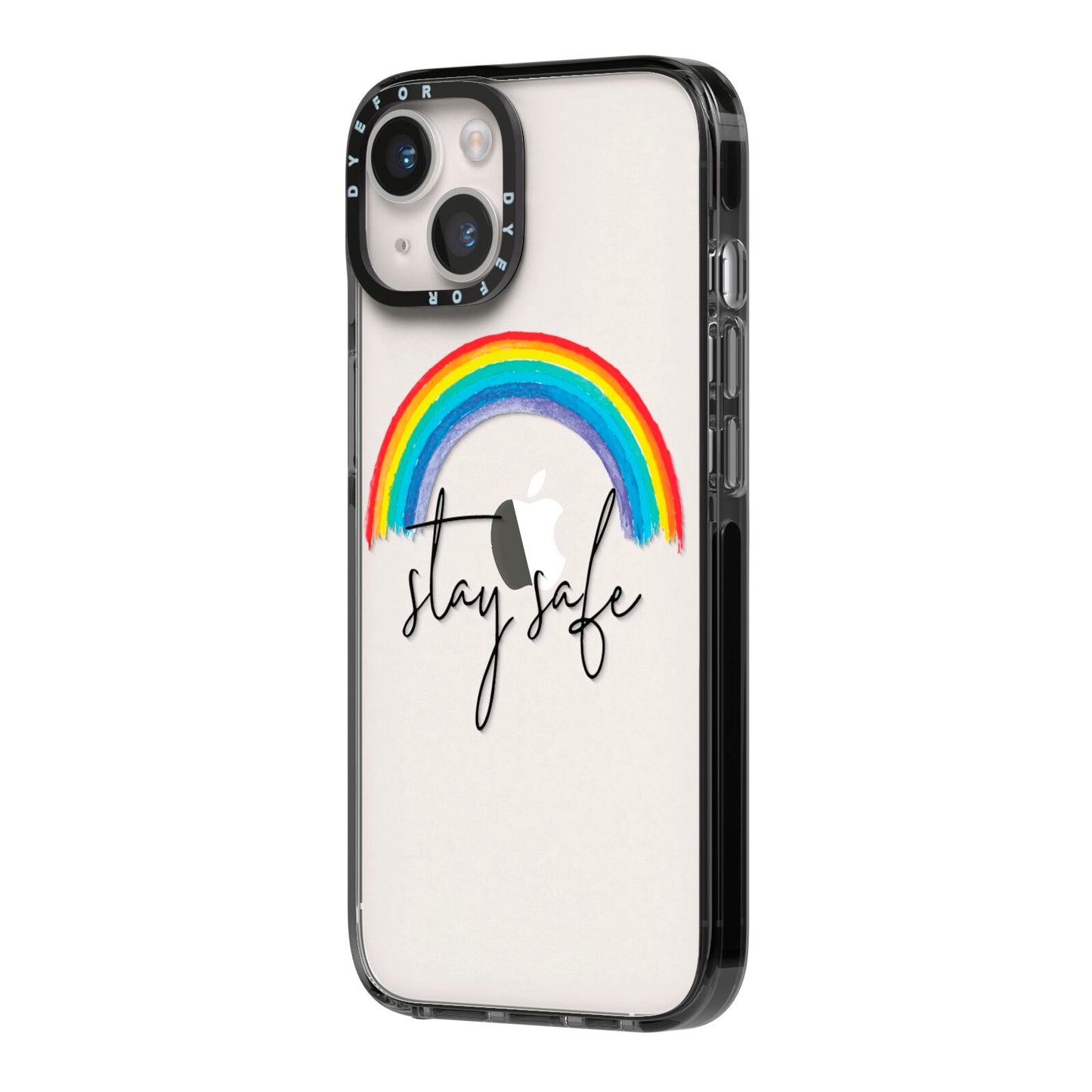 Stay Safe Rainbow iPhone 14 Black Impact Case Side Angle on Silver phone