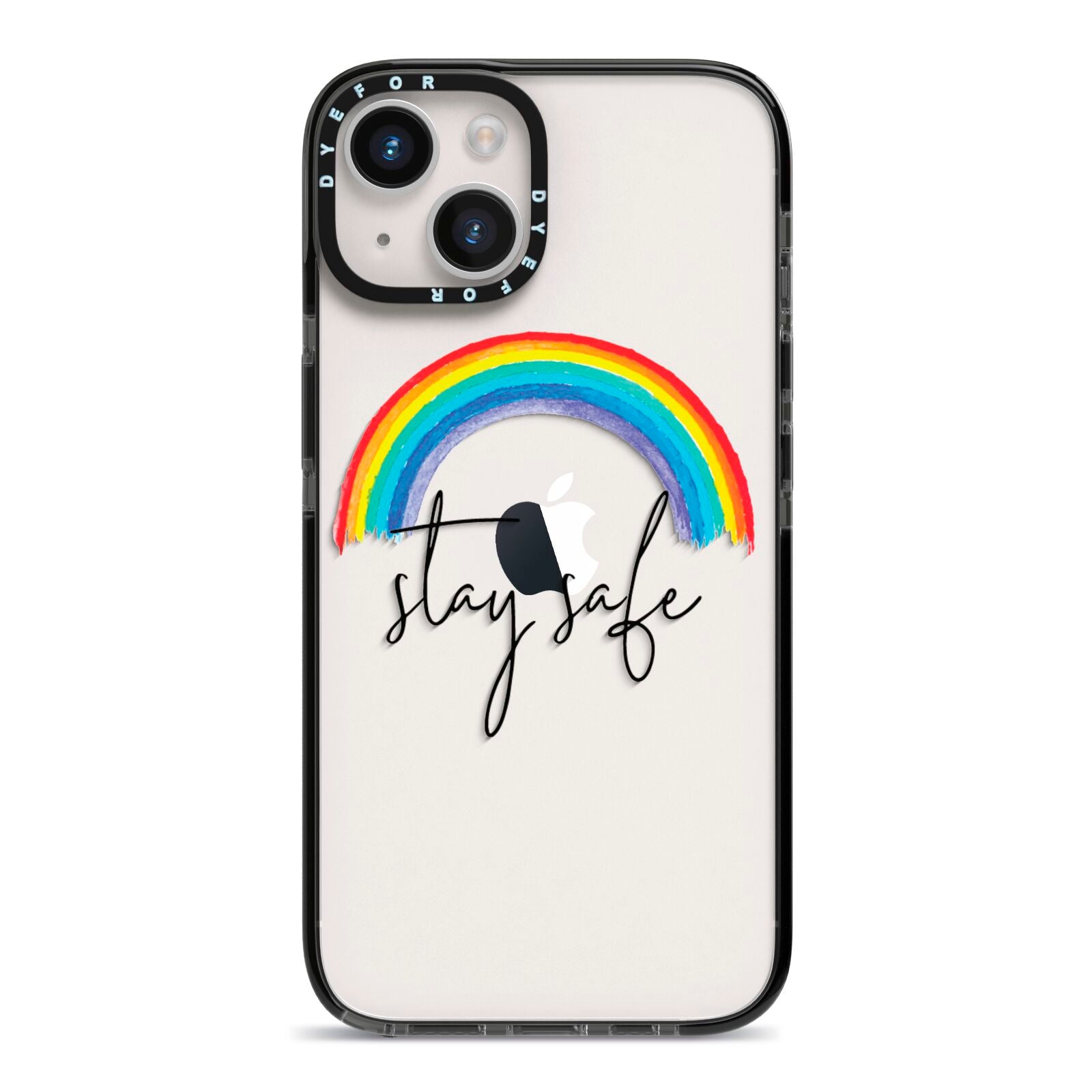 Stay Safe Rainbow iPhone 14 Black Impact Case on Silver phone