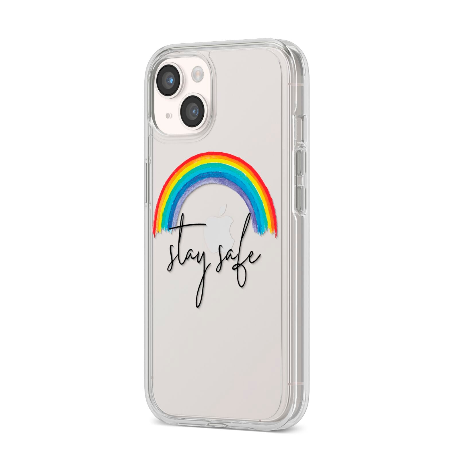 Stay Safe Rainbow iPhone 14 Clear Tough Case Starlight Angled Image