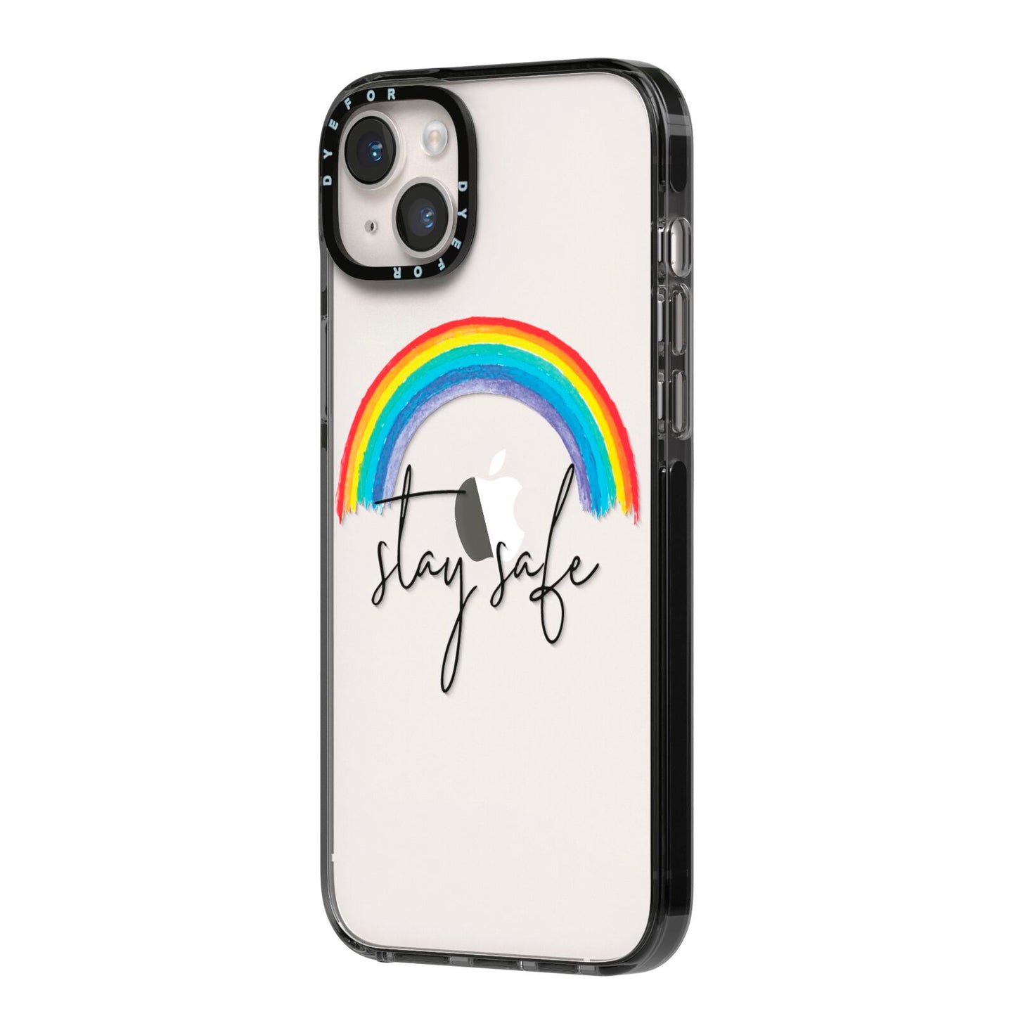 Stay Safe Rainbow iPhone 14 Plus Black Impact Case Side Angle on Silver phone