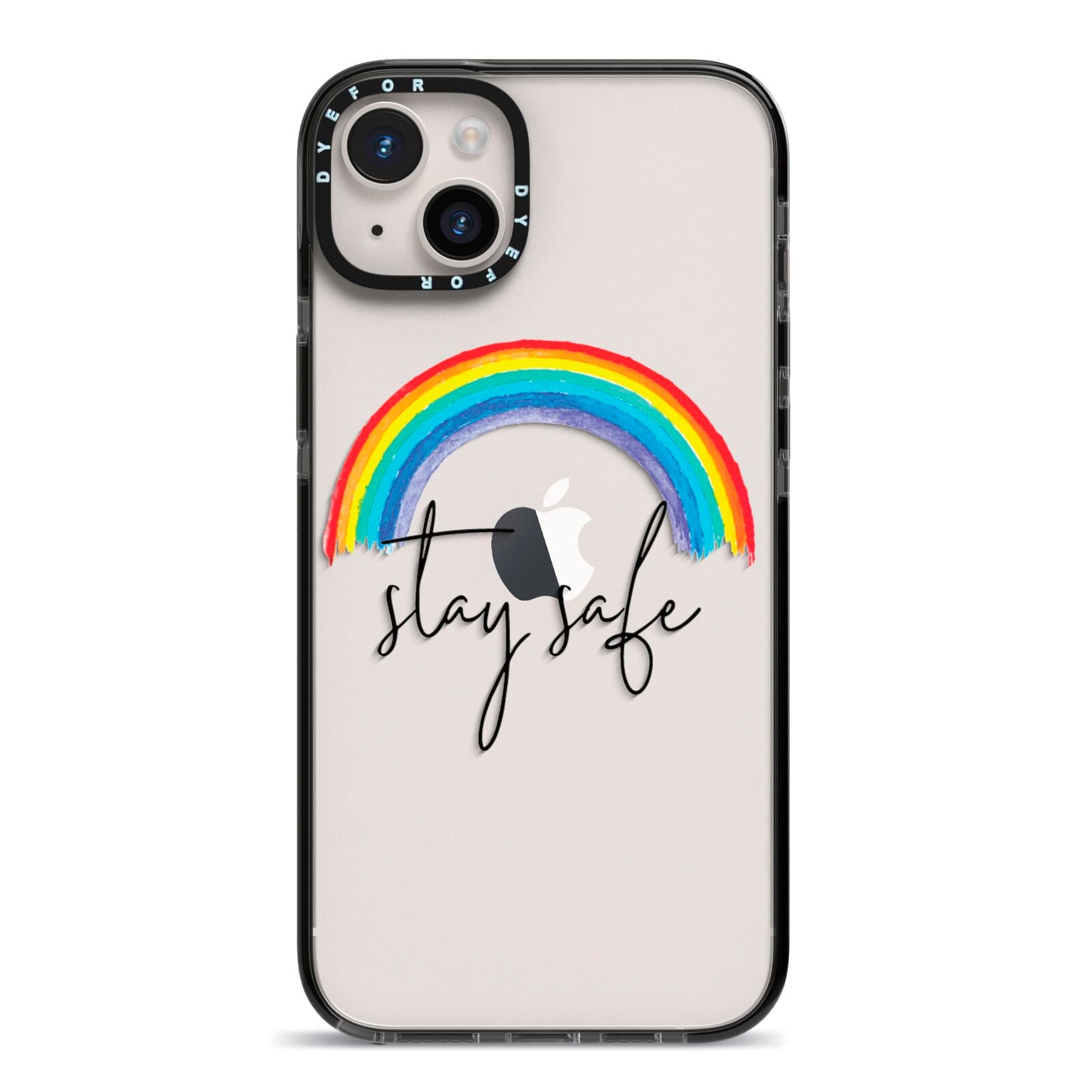 Stay Safe Rainbow iPhone 14 Plus Black Impact Case on Silver phone