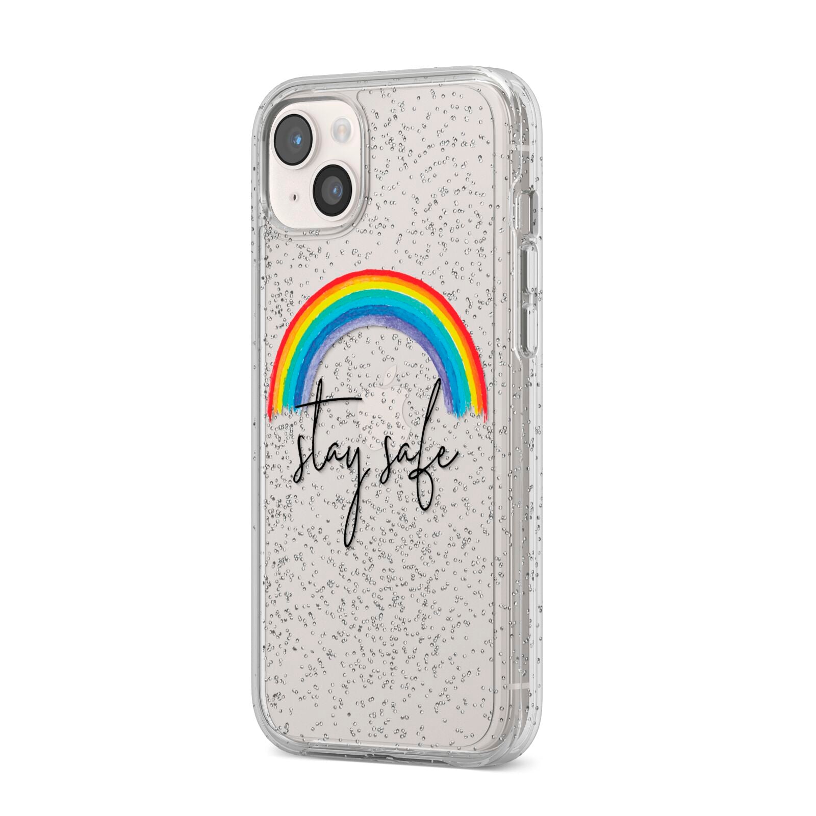Stay Safe Rainbow iPhone 14 Plus Glitter Tough Case Starlight Angled Image