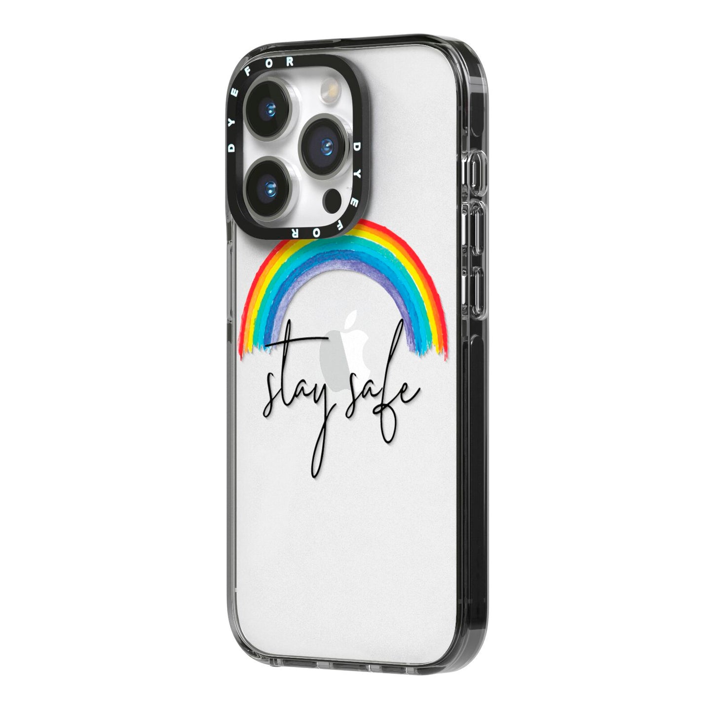 Stay Safe Rainbow iPhone 14 Pro Black Impact Case Side Angle on Silver phone