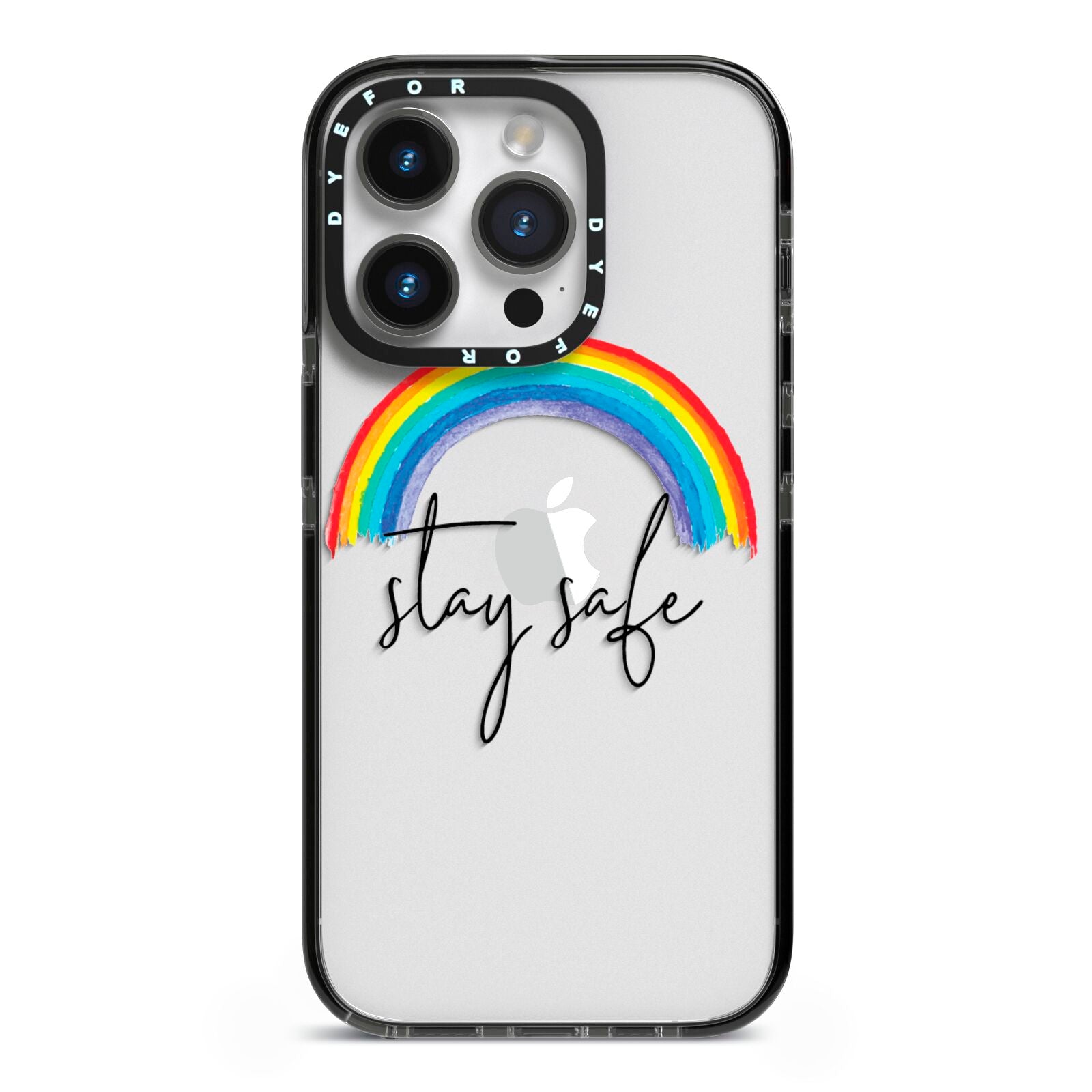 Stay Safe Rainbow iPhone 14 Pro Black Impact Case on Silver phone