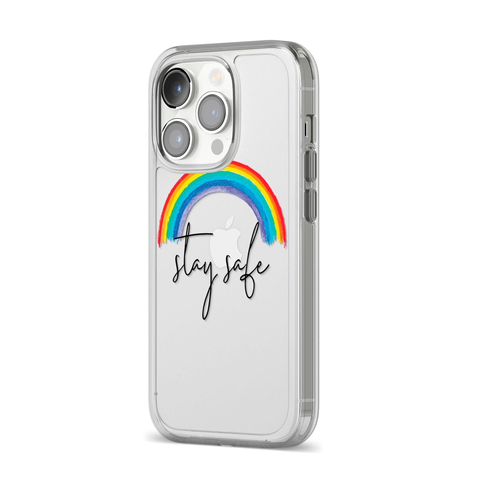 Stay Safe Rainbow iPhone 14 Pro Clear Tough Case Silver Angled Image