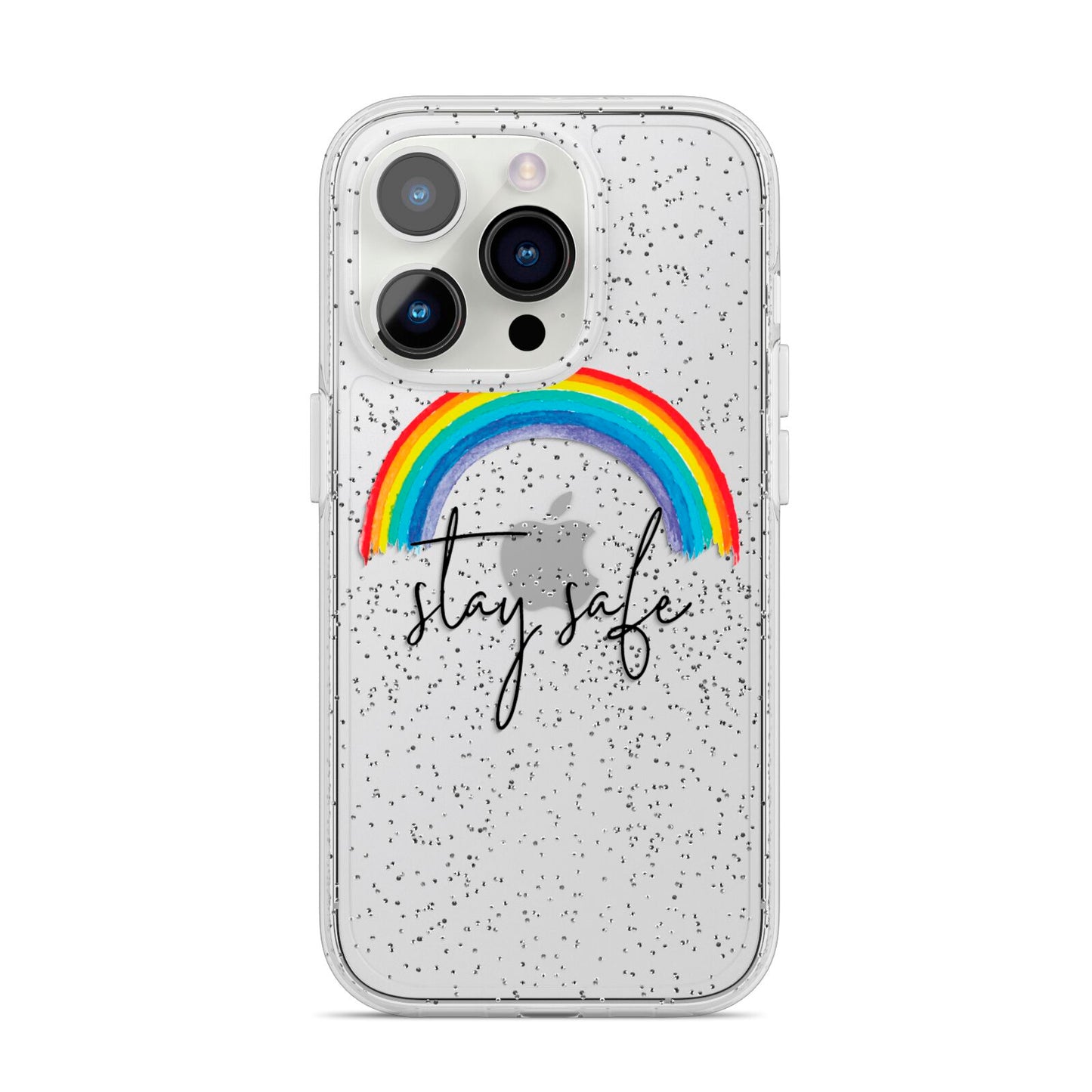 Stay Safe Rainbow iPhone 14 Pro Glitter Tough Case Silver