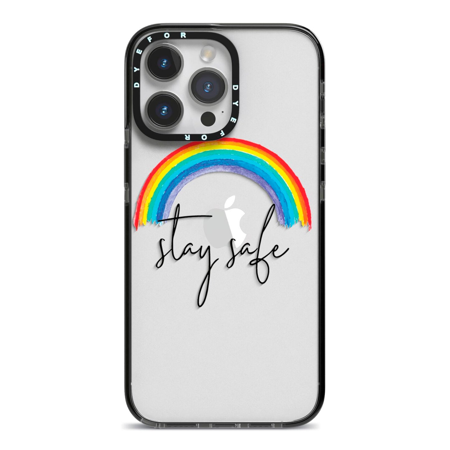 Stay Safe Rainbow iPhone 14 Pro Max Black Impact Case on Silver phone