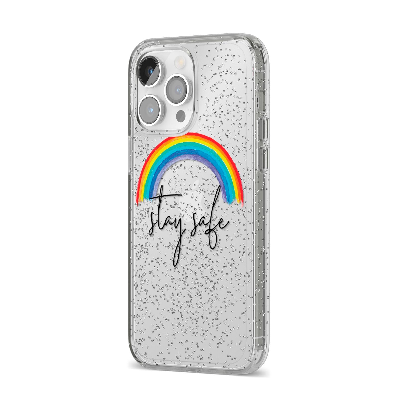 Stay Safe Rainbow iPhone 14 Pro Max Glitter Tough Case Silver Angled Image