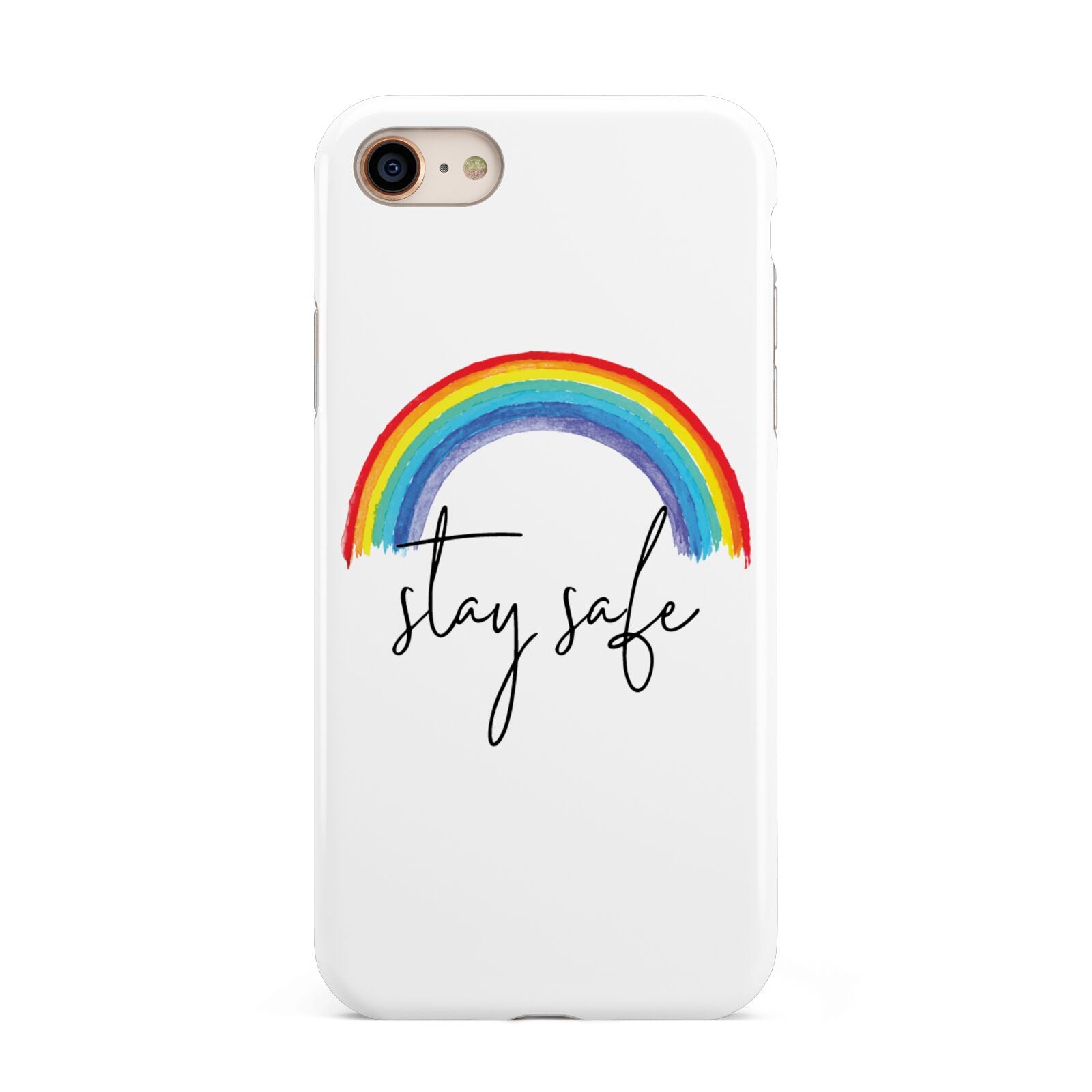Stay Safe Rainbow iPhone 8 3D Tough Case on Gold Phone
