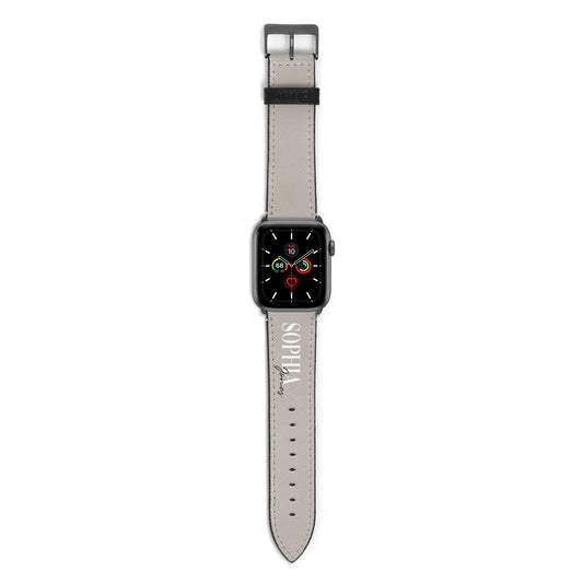Stone Colour with Personalised Name Apple Watch Strap with Space Grey Hardware