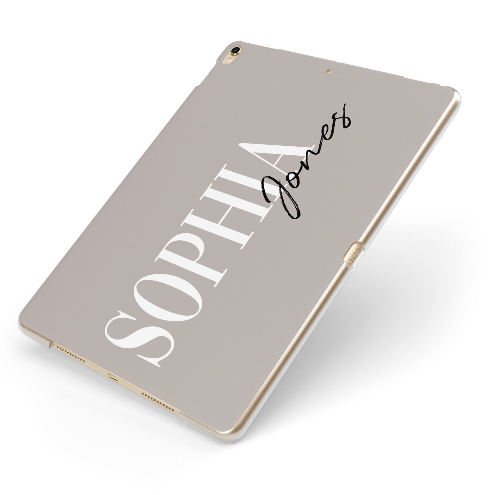 Stone Colour with Personalised Name Apple iPad Case on Gold iPad Side View