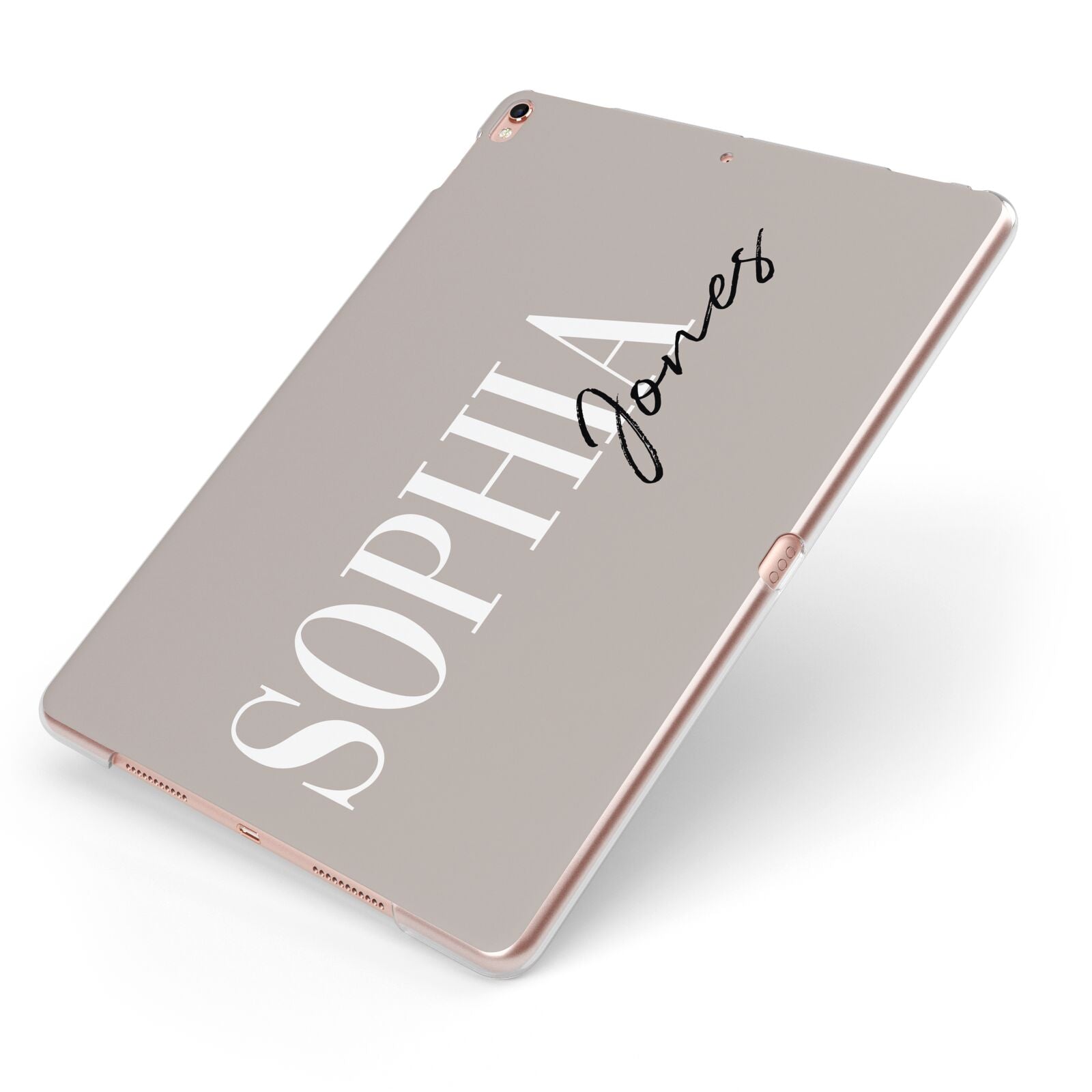 Stone Colour with Personalised Name Apple iPad Case on Rose Gold iPad Side View