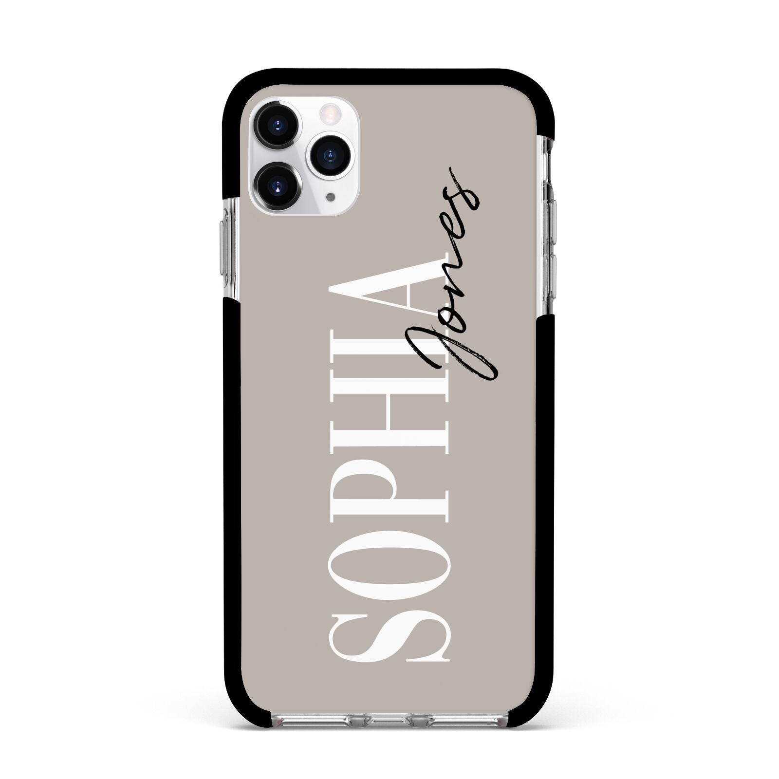 Stone Colour with Personalised Name Apple iPhone 11 Pro Max in Silver with Black Impact Case