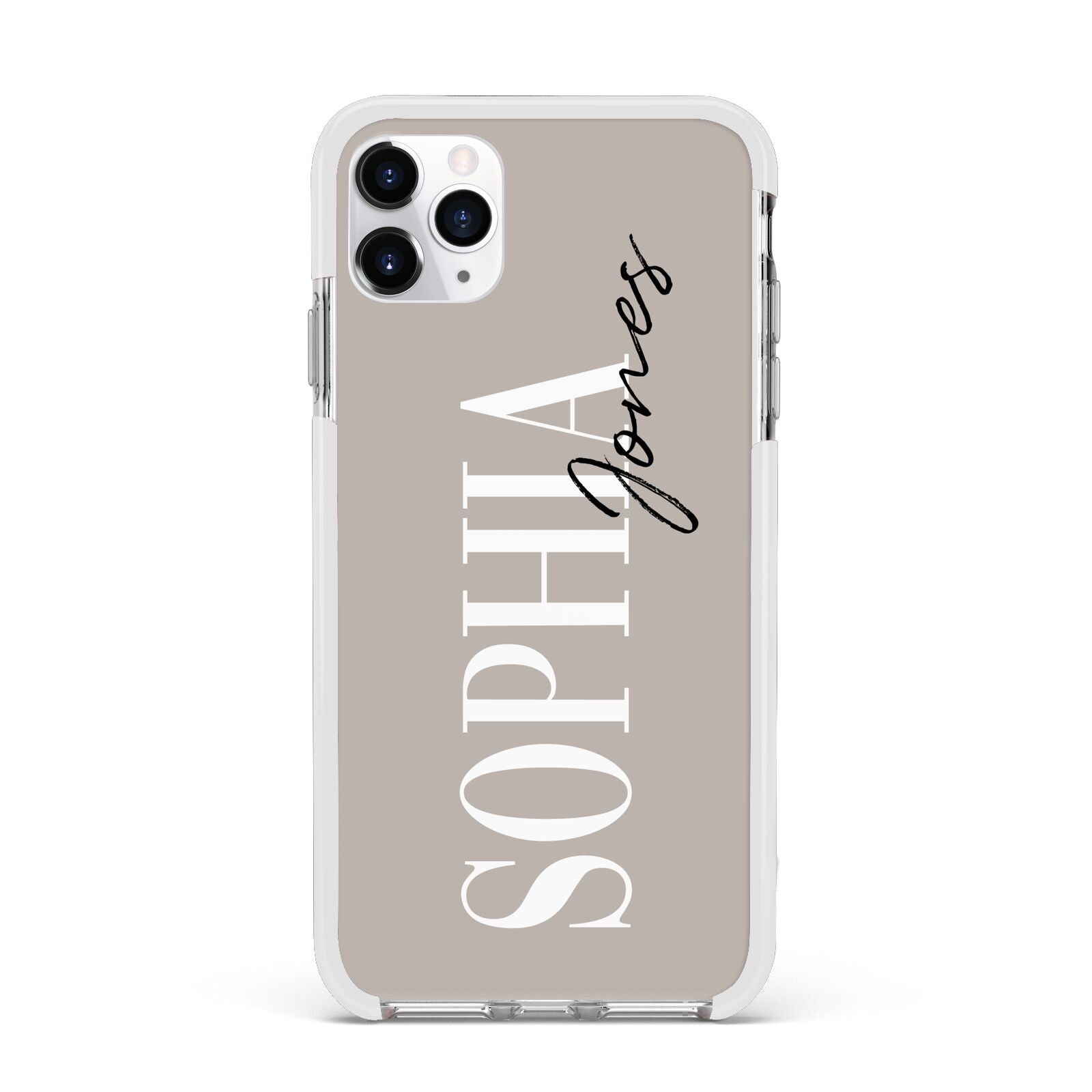 Stone Colour with Personalised Name Apple iPhone 11 Pro Max in Silver with White Impact Case