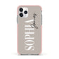 Stone Colour with Personalised Name Apple iPhone 11 Pro in Silver with Pink Impact Case